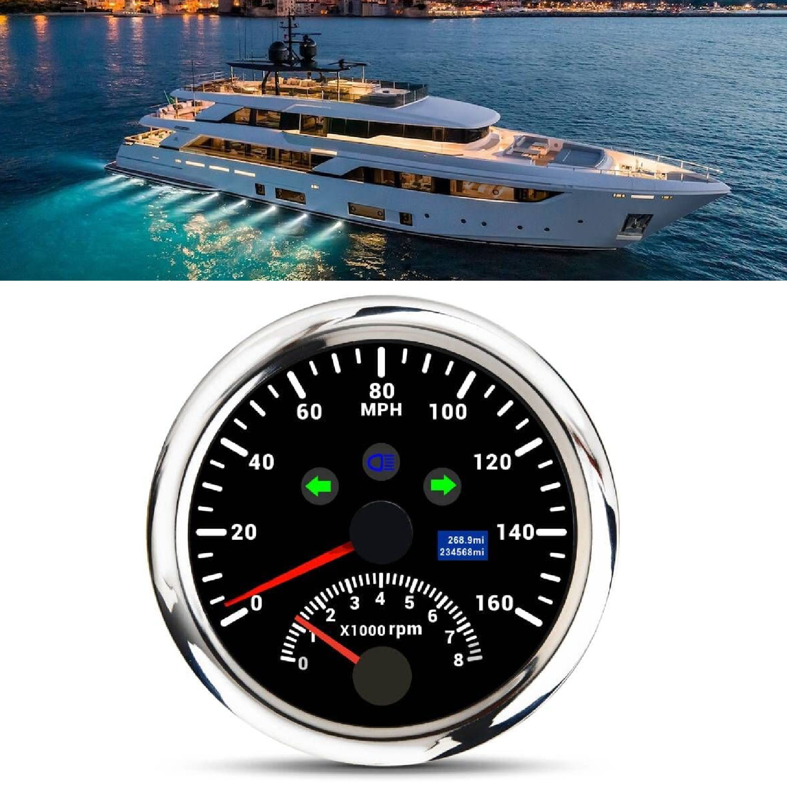 85 Mm (3 3/8 Zoll) Dc9–32 V Marine-gps-tachometer Mit Drehzahlmesser (8000 U/min) Und Blinkern, Kompatibel Mit Marine-atvs. Silberfarbenes Gehäuse, Schwarzes Zifferblatt.
