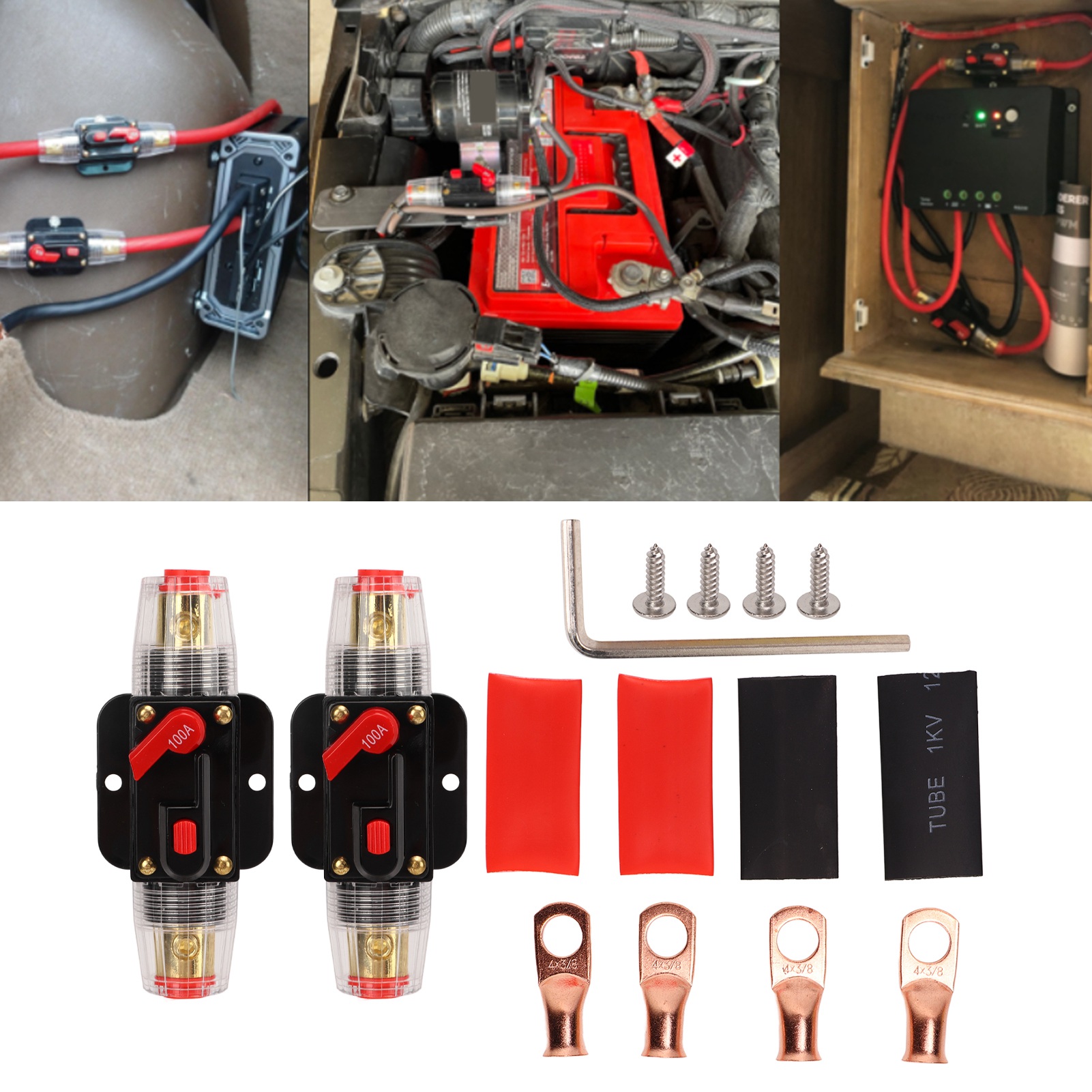 12-24v 2-teiliger Inline-car-audio-leistungsschalter Mit Manuellem Rückstell-sicherungshalter, Anschlusslaschen Und Schrumpfschlauch, Für Auto- Und Boots-audiosysteme, 100a.