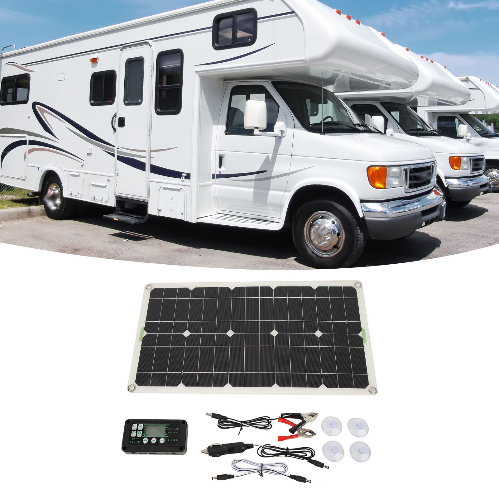 Wohnmobilzubehör: 250-w-monokristallines Silizium-solarpanel Mit 30-a-controller Und Spannungsregler Zwei Usb-anschlüsse Starthilfegerät Für Autos (12 V/24 V).