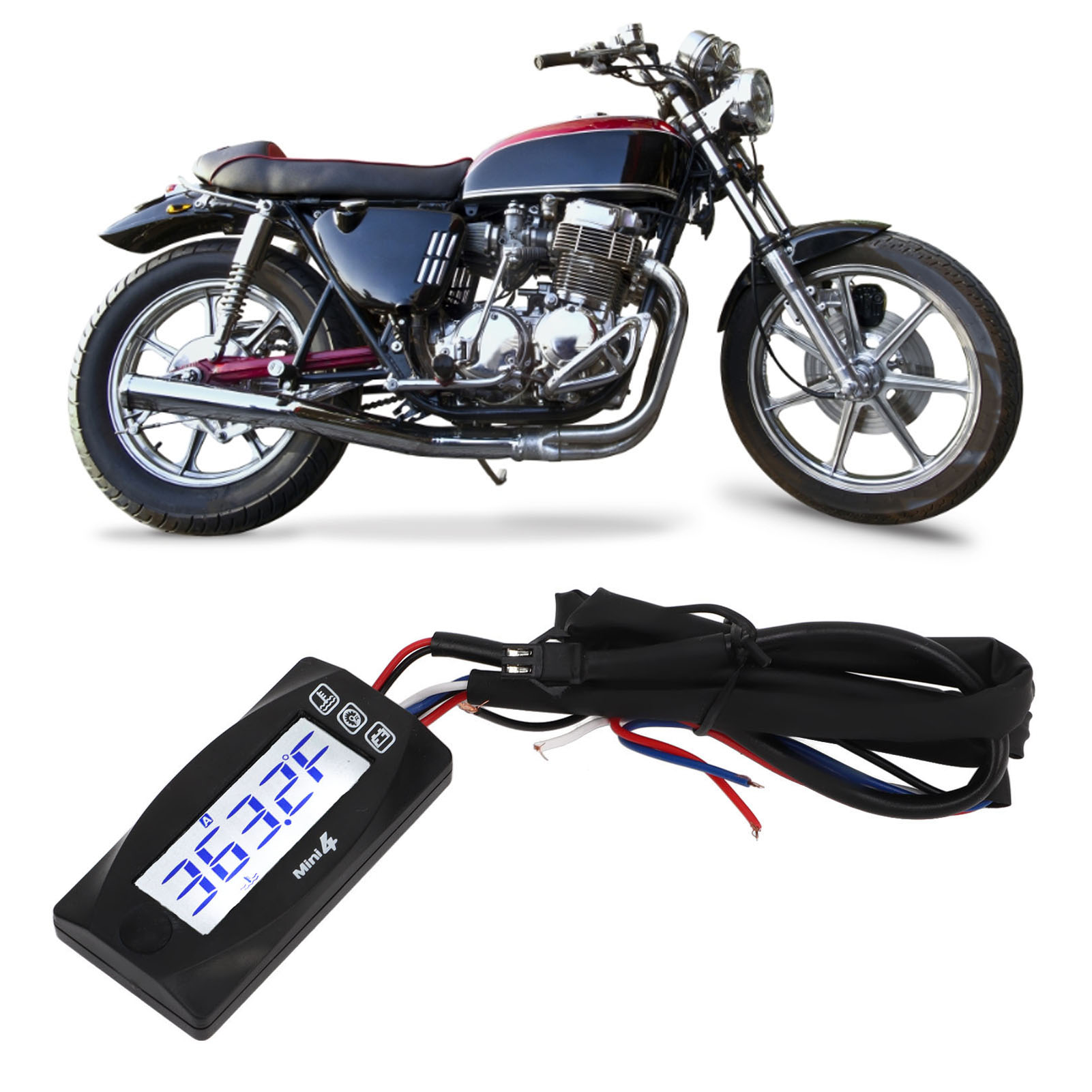 Motorradmodifikation: 4-in-1 Ultradünnes Universelles Lcd-display (zeit, Spannung, Motordrehzahl) Mit 10-mm-zündkerzenadapter, Dc12v Kompatibel.