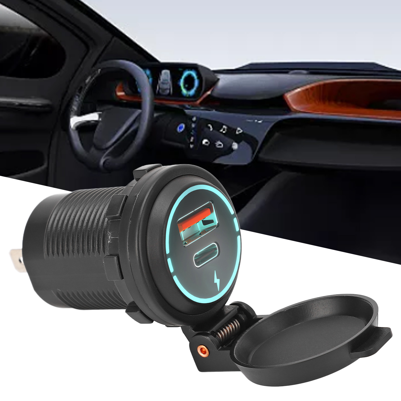 12-v-usb-schnellladegerät Mit Pd-zigarettenanzünderstecker Und Qc-3.0-usb-ladeanschluss Für Motorräder, Boote, Wohnmobile Und Quads. Wasserdichter Stromanschluss Für Schnelles Laden.