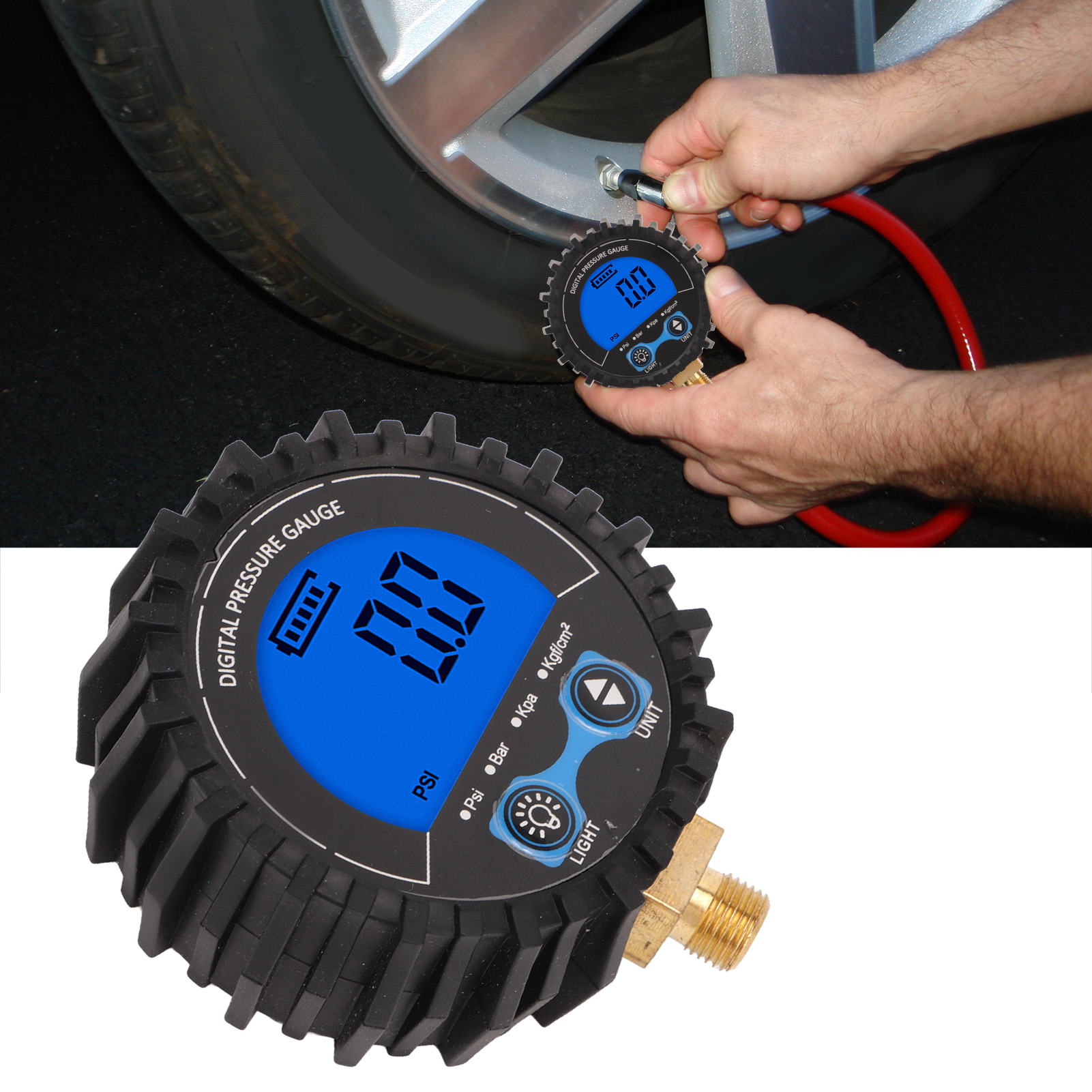 Digitales Reifendruckmessgerät, Aufblasanzeige, Druckmessgerät Mit Großem Digitaldisplay, M11-gewinde (batterie Nicht Enthalten) (blaues Messgerät)