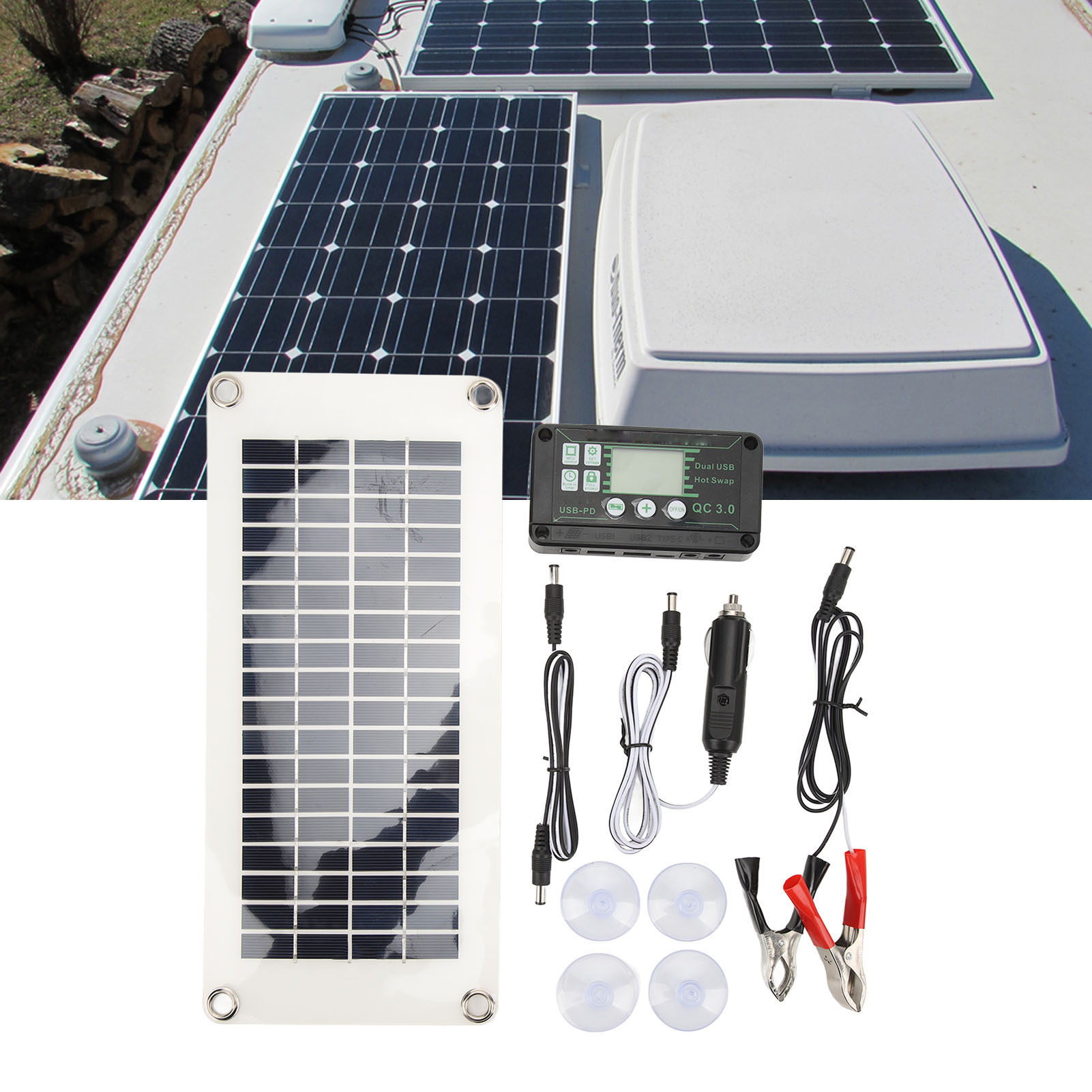 (video Verfügbar) Wohnmobilzubehör: 30w Polykristallines Solarpanel + 50a Controller, Dual-usb-spannungsregler, 12v-ladefunktion.