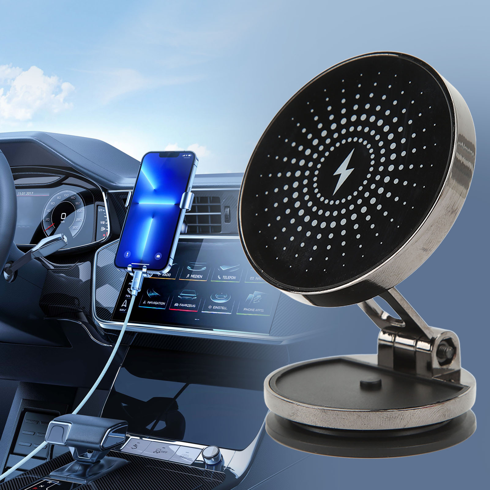 Das Kabellose Magnetische Schnellladegerät Für Autos Mit 15 W Leistung Ist Mit Allen Mobiltelefonen Kompatibel, Die Über Eine Kabellose Ladefunktion Verfügen.