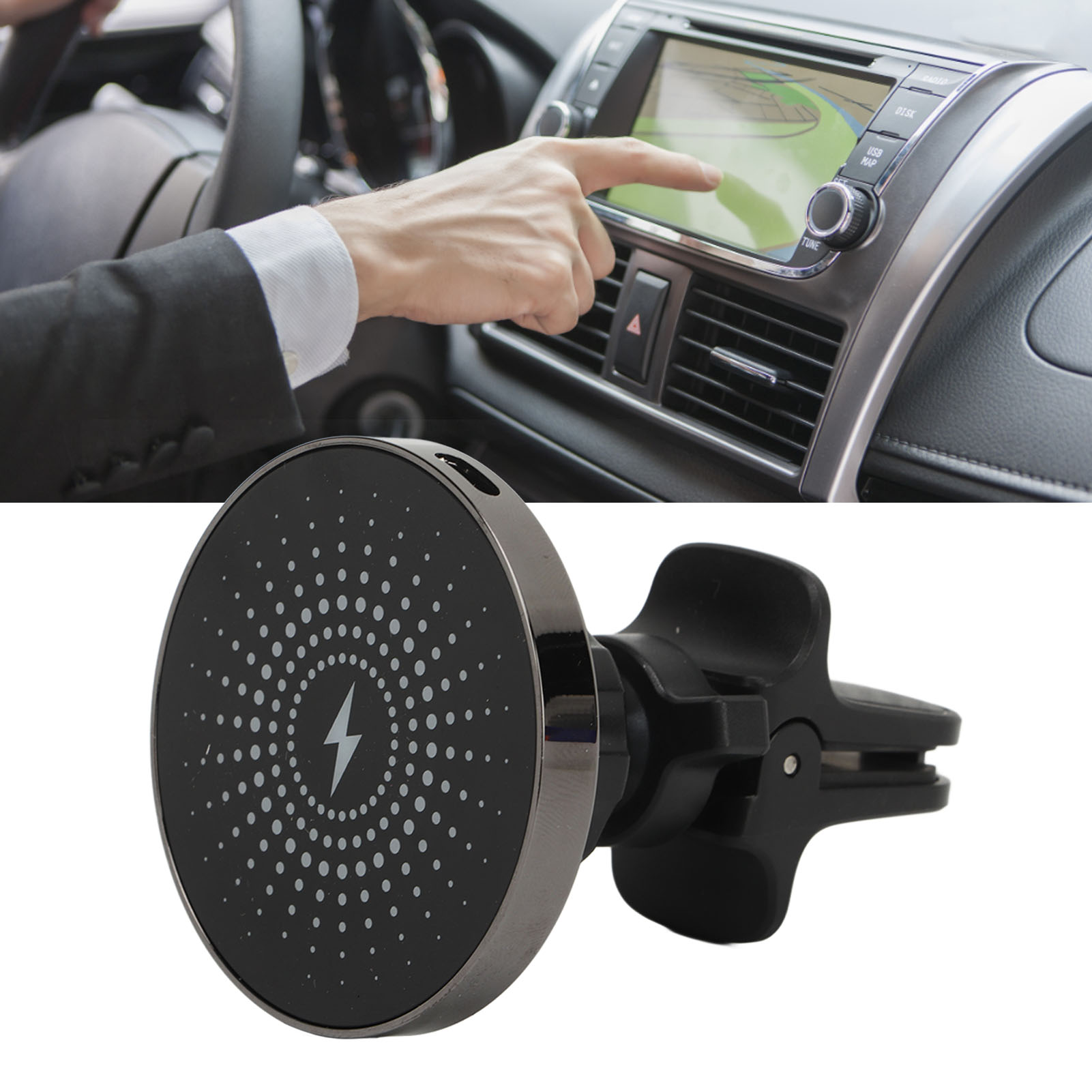 Das Kabellose 15-watt-schnellladegerät Für Lüftungsschlitze Im Auto Ist Mit Allen Mobiltelefonen Kompatibel, Die Über Eine Kabellose Ladefunktion Verfügen.
