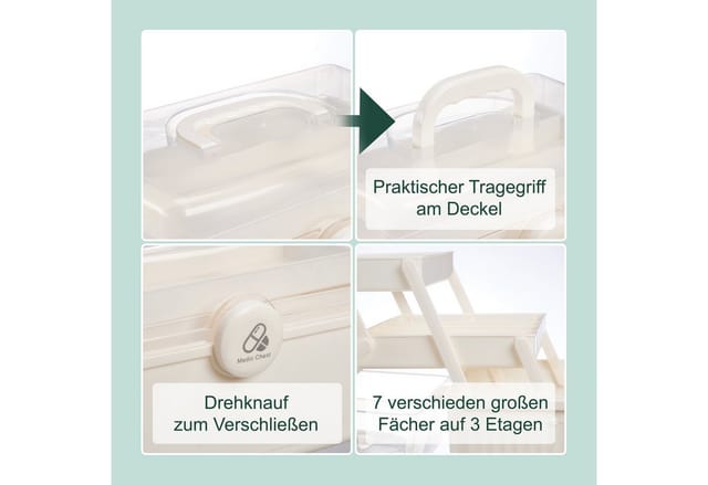 Hausapotheke, 7 Fächer, Erste Hilfe Kasten zum Ausklappen, Kunststoff, HxBxT: 20,5x30x21 cm, weiß/transparent - Relaxdays