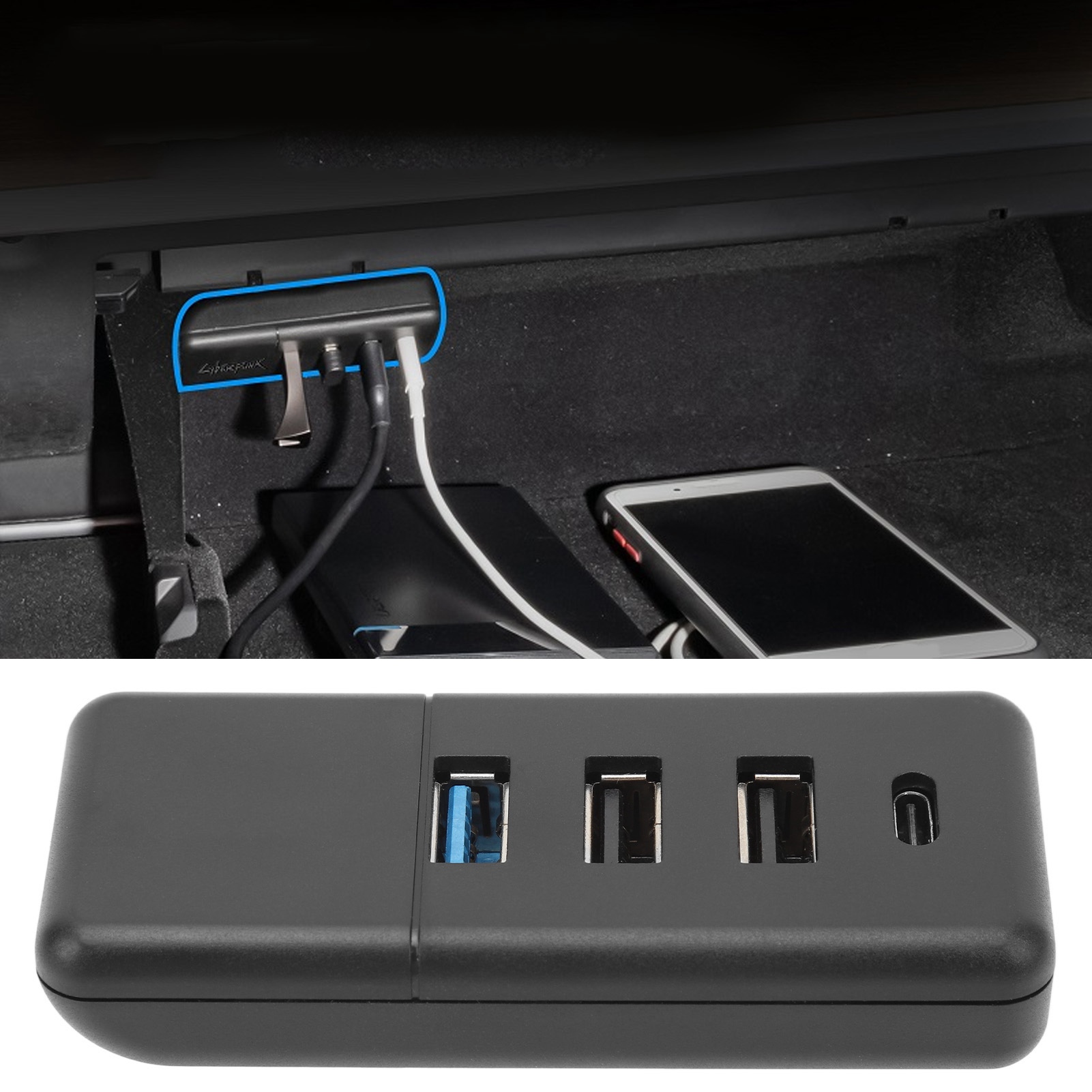 Handschuhfach-erweiterungsstation Mit Schnellladegerät Und Usb-hub Für Tesla Model Y Und Model 3 (ab 2021)