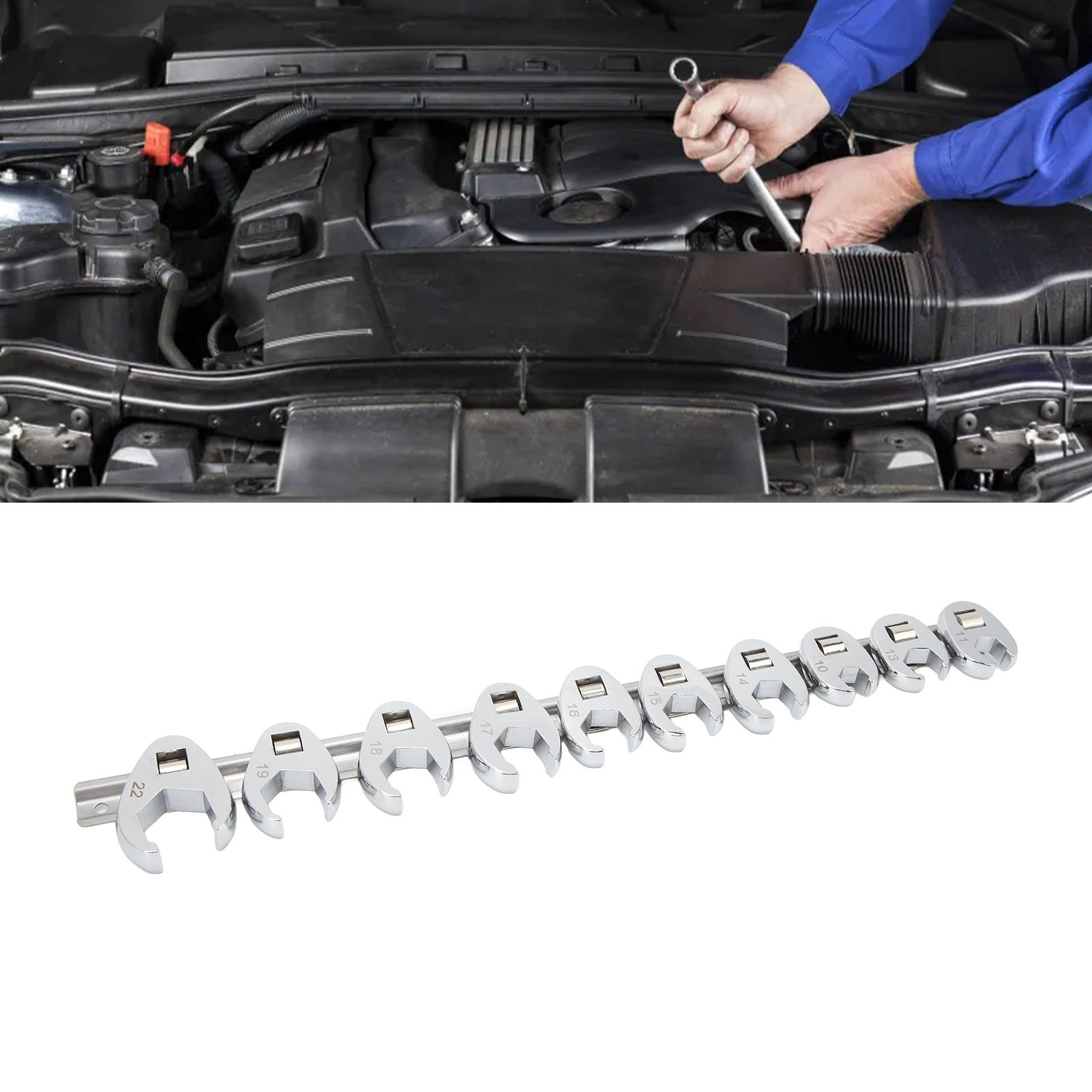 Set Mit 10 Austauschbaren Metrischen Schraubenschlüsselköpfen (10-22 Mm) Mit Metallaufbewahrungshalterung, Geeignet Für Kfz-reparaturen.