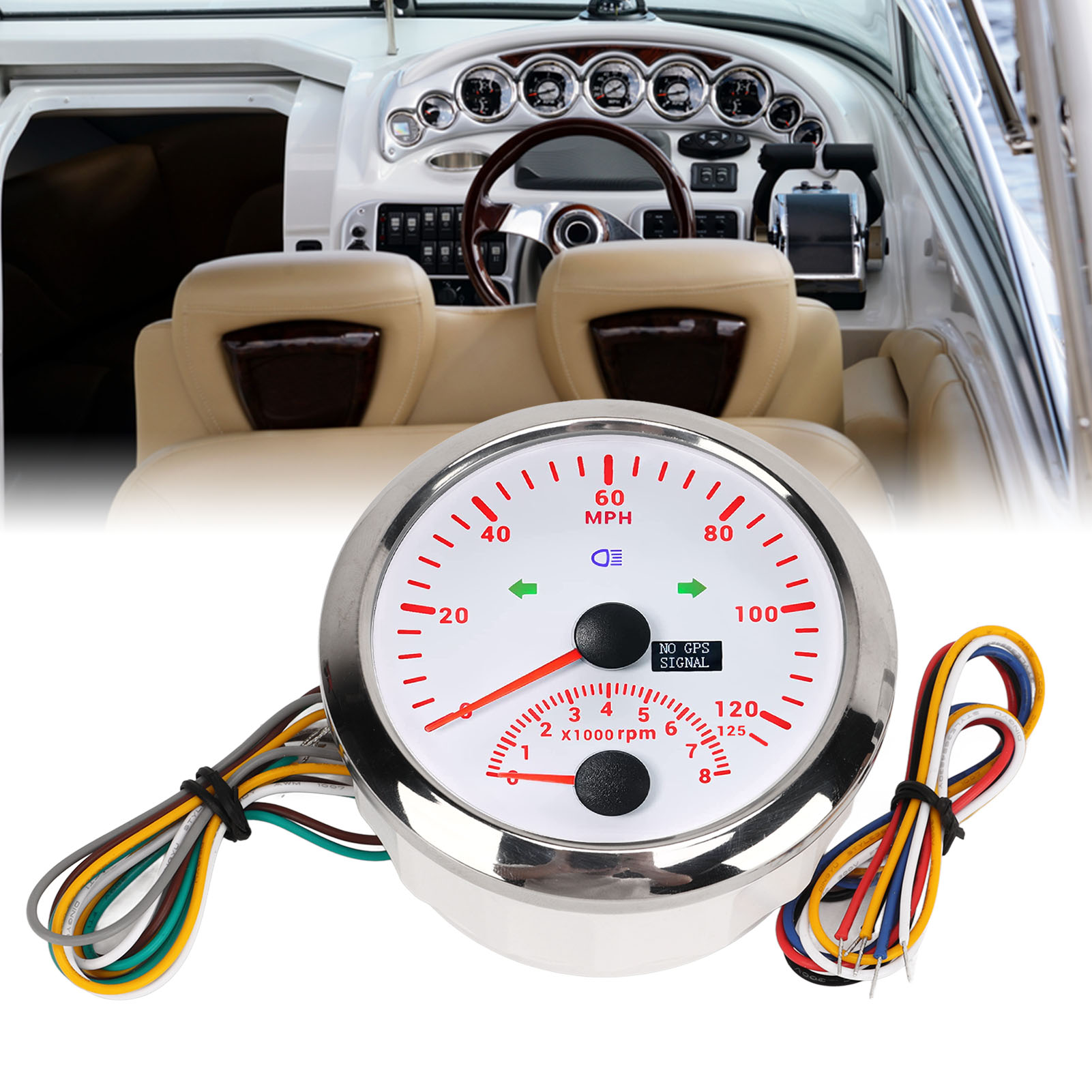 85 Mm (3 3/8 Zoll) Dc9–32 V Marine-gps-tachometer Mit Drehzahlmesser (8000 U/min) Und Blinkern, Kompatibel Mit Wasserfahrzeugen Und Geländewagen. Silberfarbenes Gehäuse, Weißes Zifferblatt.
