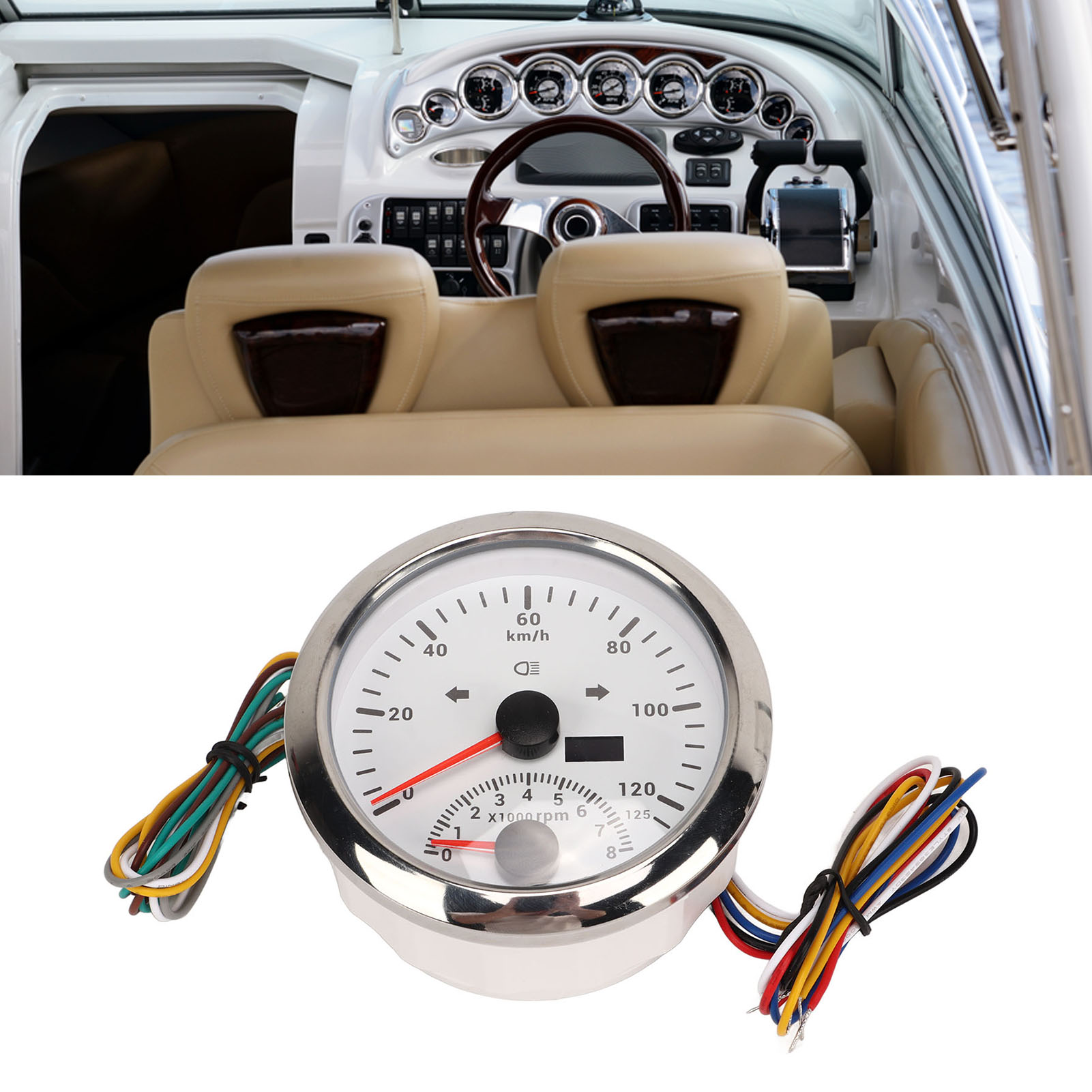 Gps-marine-tachometer Dc 9–32 V, 85 Mm (3 3/8 Zoll), 0–125 Km/h, Mit Drehzahlmesser Bis 8000 U/min Und Blinkern, Geeignet Für Wasserfahrzeuge Und Geländewagen. Silberfarbenes Gehäuse, Weißes Gehäuse.