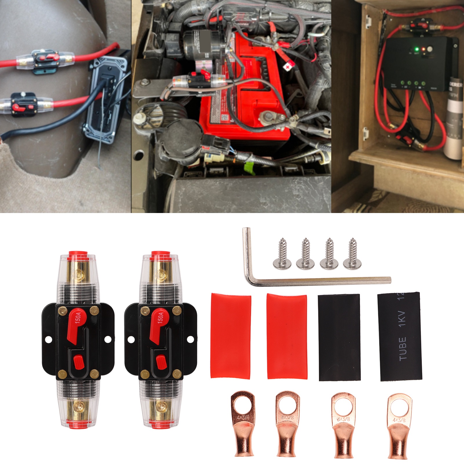 Zweiteiliger 12–24-v-leitungsschutzschalter Mit Manuell Rückstellbarem Sicherungshalter, Stecker Und Schrumpfschlauch Für Auto- Und Boots-audiosysteme, 150 A