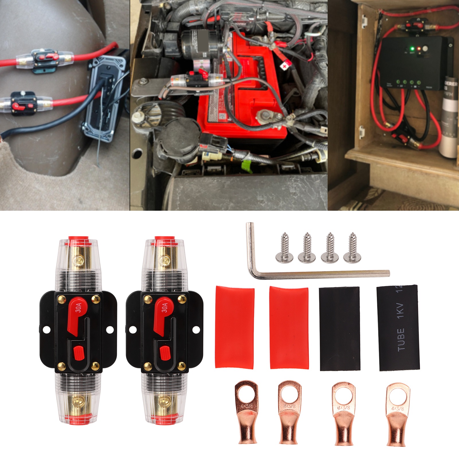 12-24v 2-teiliger Inline-car-audio-leistungsschalter Mit Manuell Rückstellbarem Sicherungshalter, Anschlusslaschen Und Schrumpfschlauch, Für Auto- Und Boots-audiosysteme, 30a.