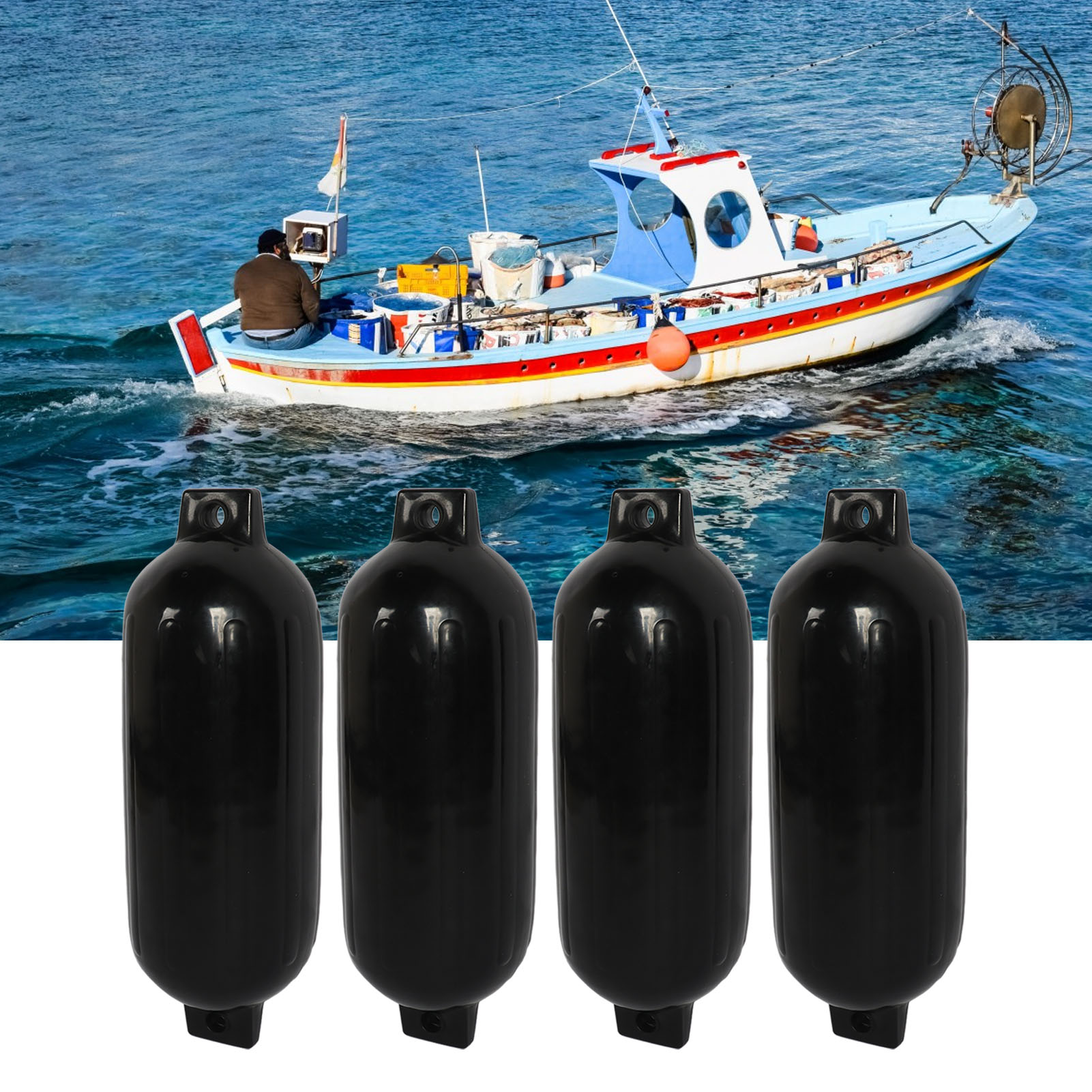 Vier Schwarze Fender (21,6 X 68,6 Cm) Mit 2 M Schwarzem Seil. Marinefender Und -abweiser, Geeignet Für Yachten, Fischerboote Und Schlauchboote (lieferung Ohne Gas). (übergröße) (überladung) (übergröße