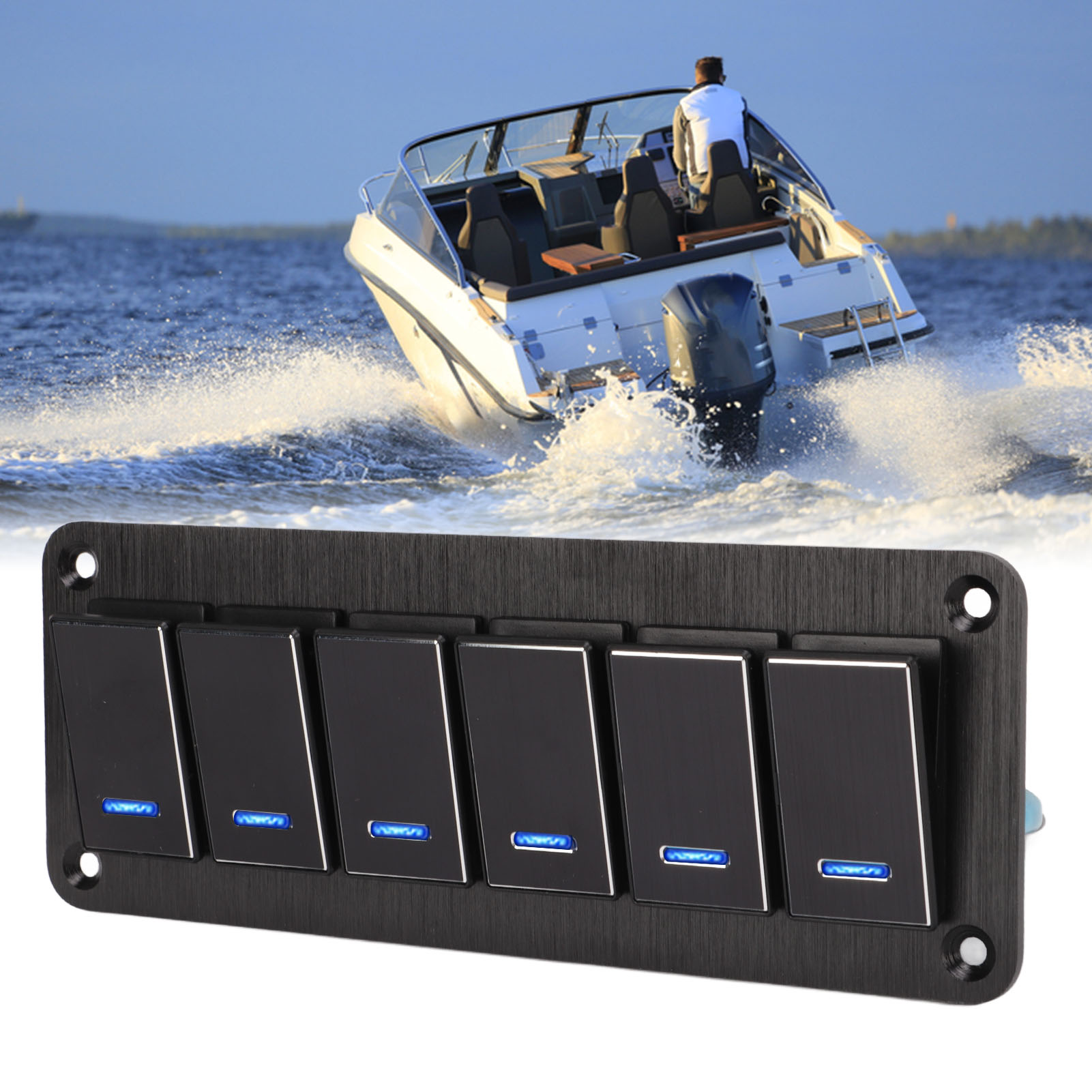 Zentrales Bedienfeld Für Autos, Wohnmobile Und Yachten, Wasserdichtes 6-wege-bedienfeld Aus Metall, Bedienfeld Aus Gebürstetem Metall, Einzelner Ein-/ausschalter, Schwarz Eloxiert Blau.
