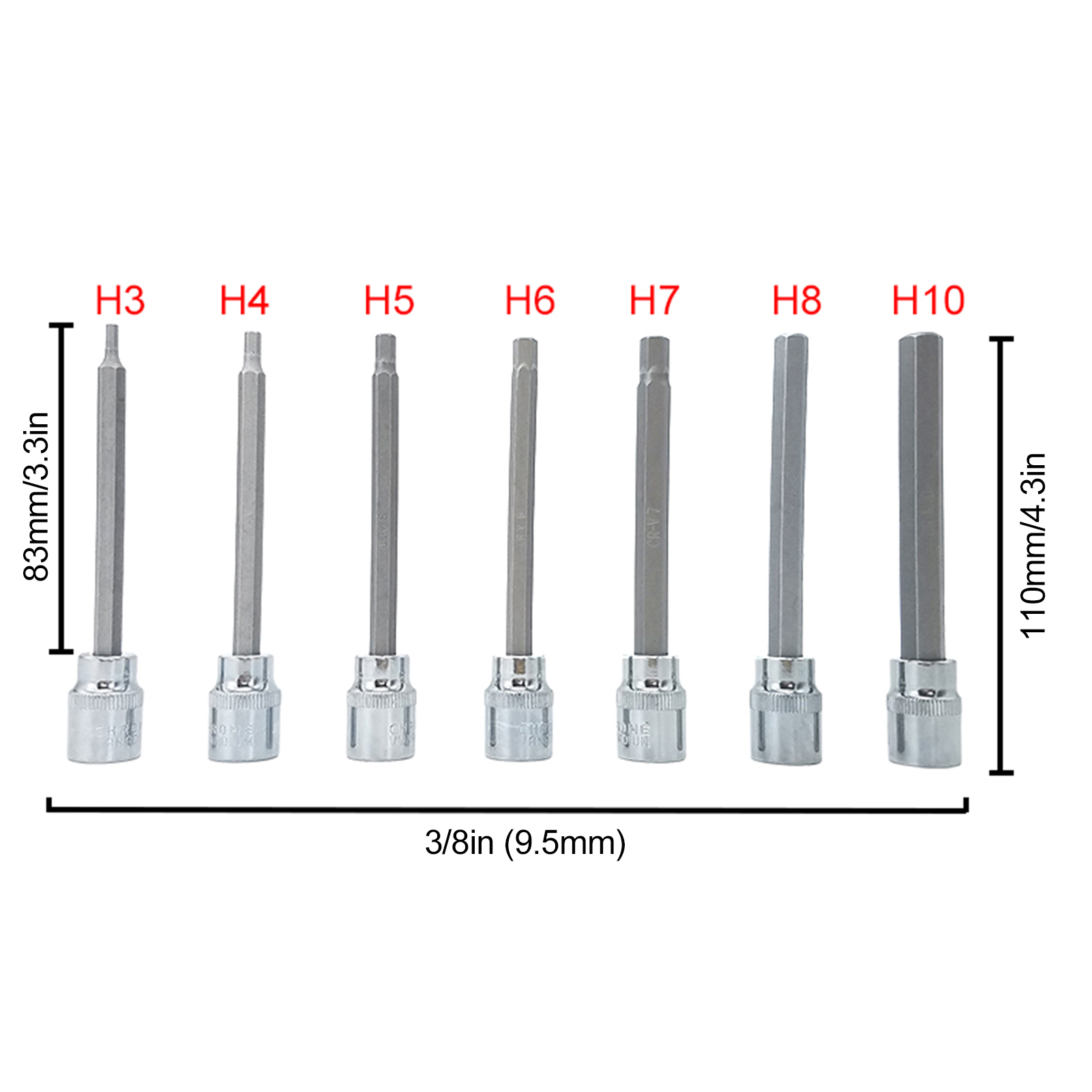 Set Mit 7 Extra Langen Sechskant-steckschlüsseln Für Schraubendreher, 3/8-zoll-vierkantantrieb, Für Kfz-wartung Und -reparatur