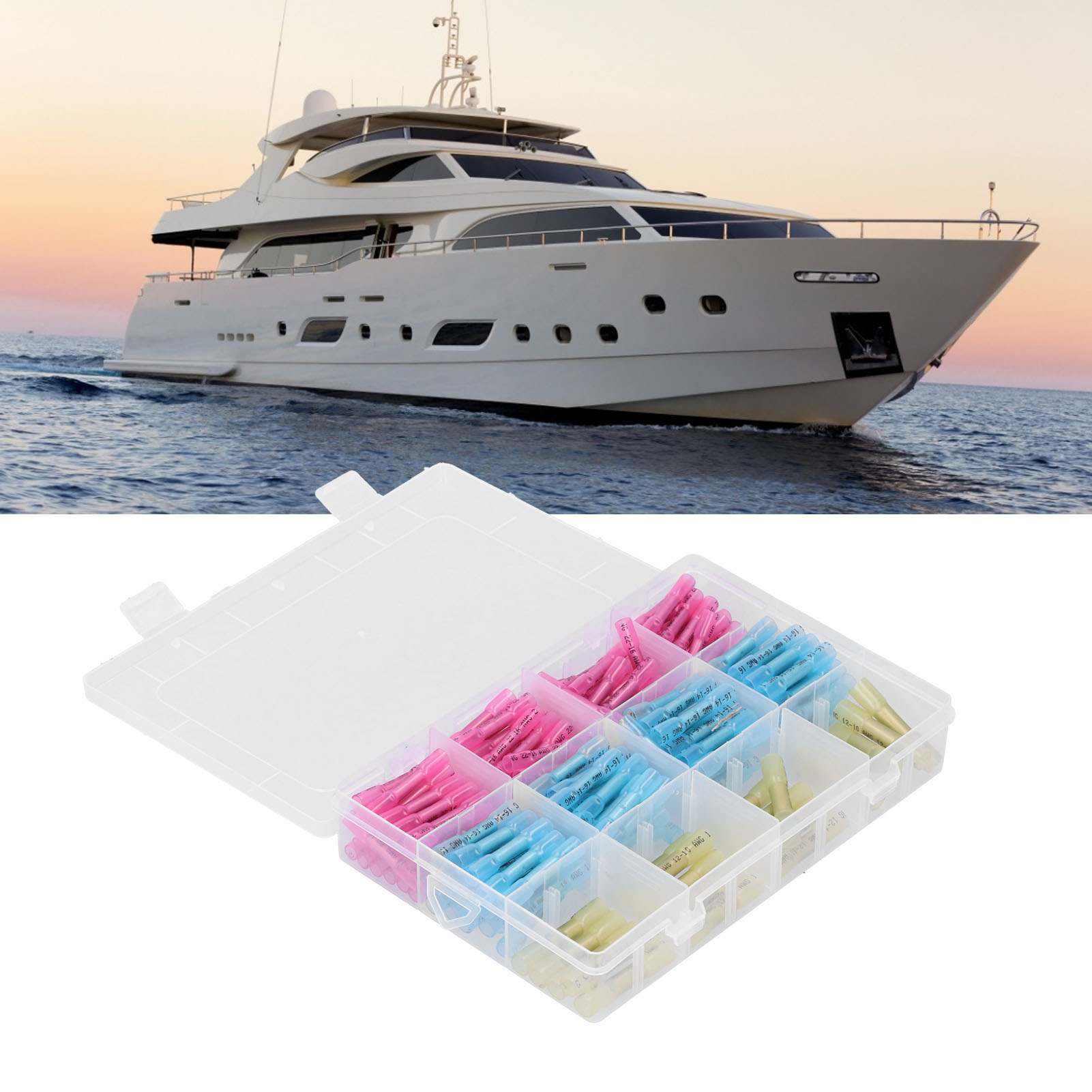 Isolierte, Wärmeschrumpfende Kabelschuhe, Wasserdichte Schrumpfverbinder, Packung Mit 200 Stück (90 Rosa, 90 Blau Und 20 Gelb). Stärke: Rosa 0,7 Mm, Blau 0,8 Mm, Gelb 1,0 Mm.
