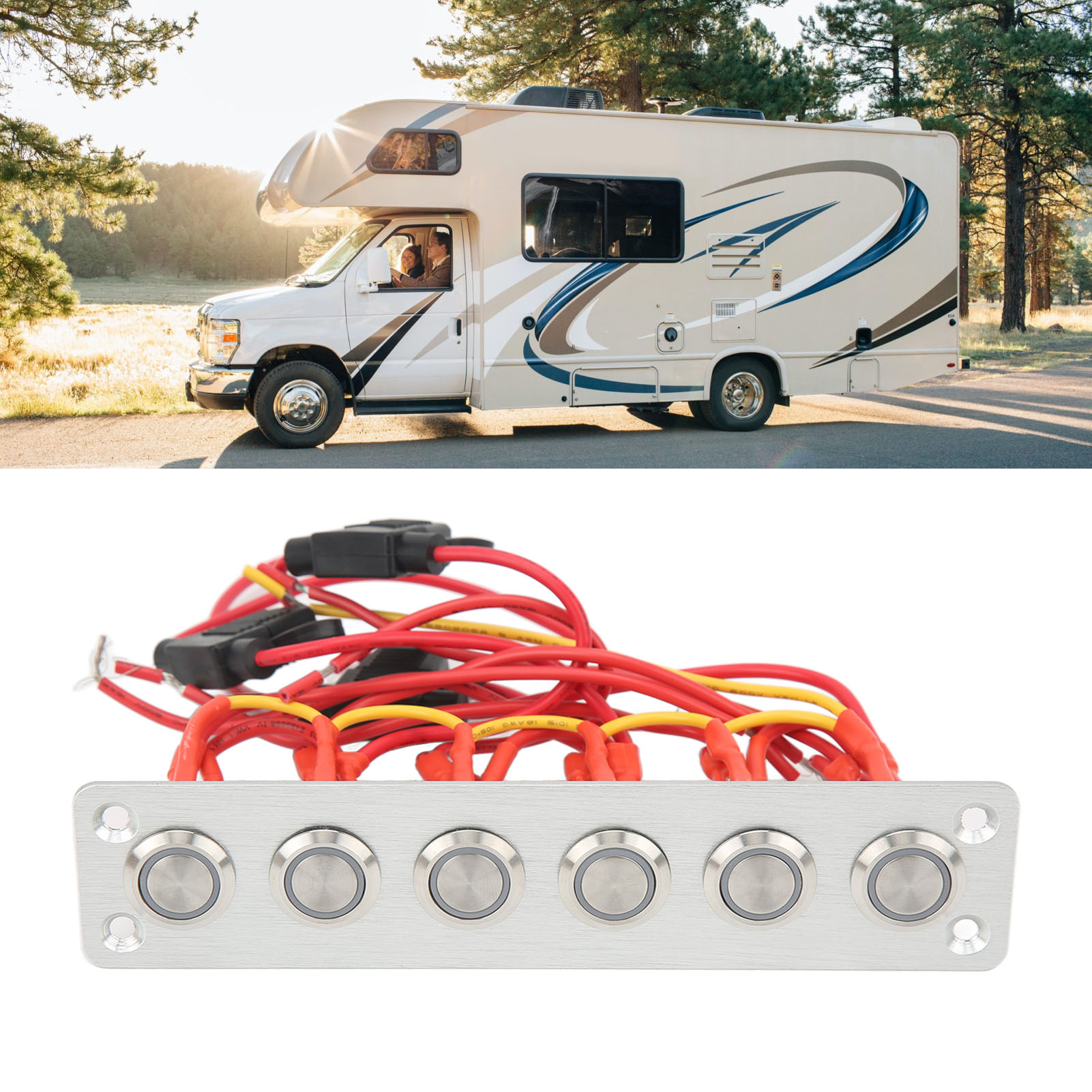 6-stufiger, Selbstverriegelnder Drucktaster Aus Edelstahl Mit Blauer Kontrollleuchte Und Gebürsteter Aluminiumplatte. Inkl. Kabel Und Aufkleber. 12 V Dc, 16 A. Geeignet Für Wohnmobile, Boote Etc. (aos
