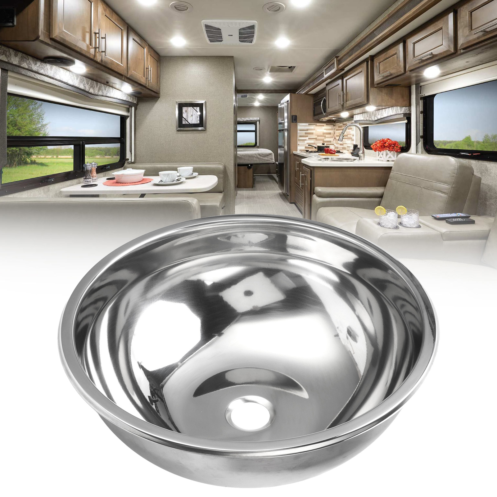 Rundes Edelstahl-waschbecken (360 Mm) Mit Gebürsteter Oberfläche, Edelstahl 304 (gr-599) (große Ausführung) Für Wohnmobile, Yachten, Küchen Und Badezimmer