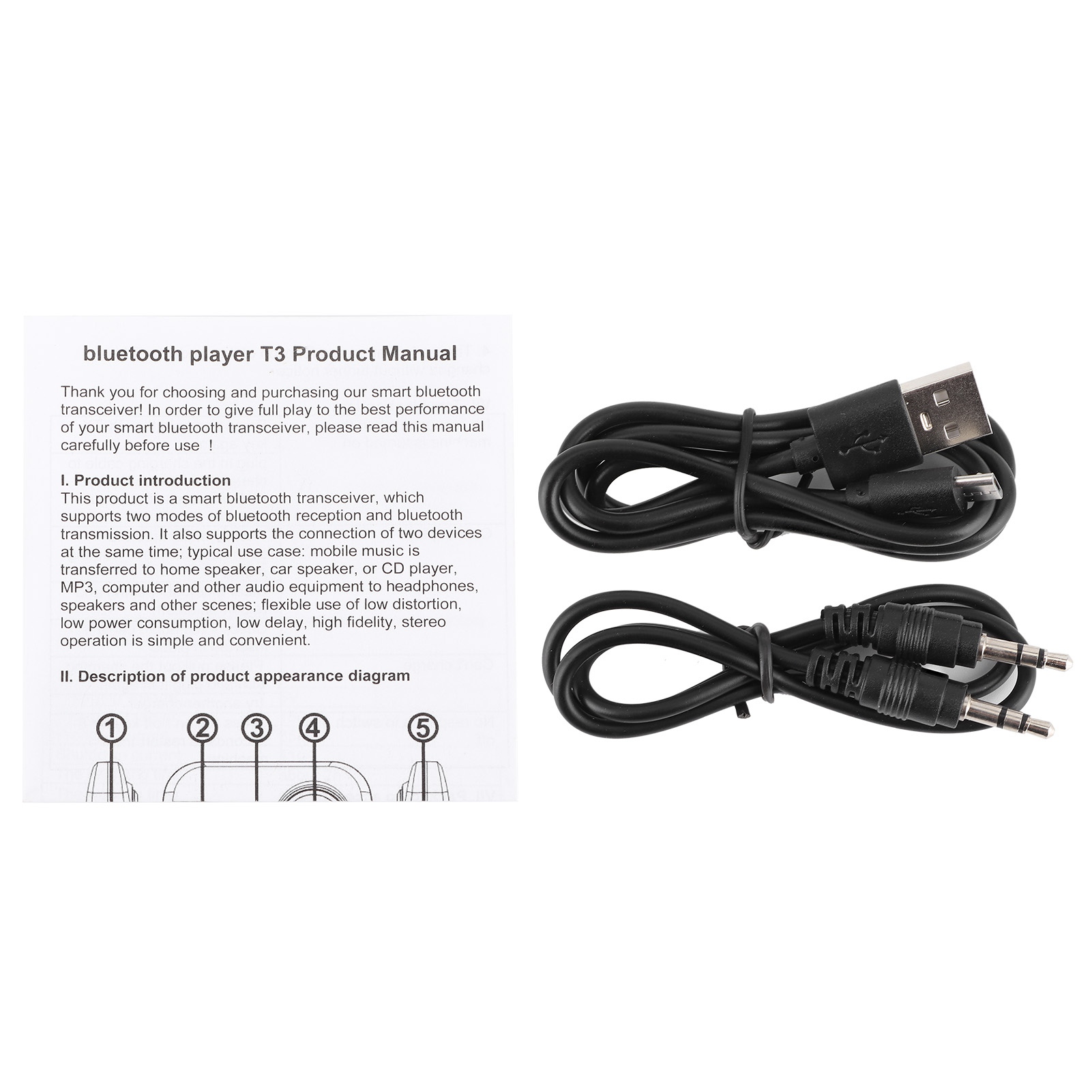 T3 Bluetooth-autoradio-transmitter/receiver (abs) – 2-in-1 3,5-mm-funk-audioadapter