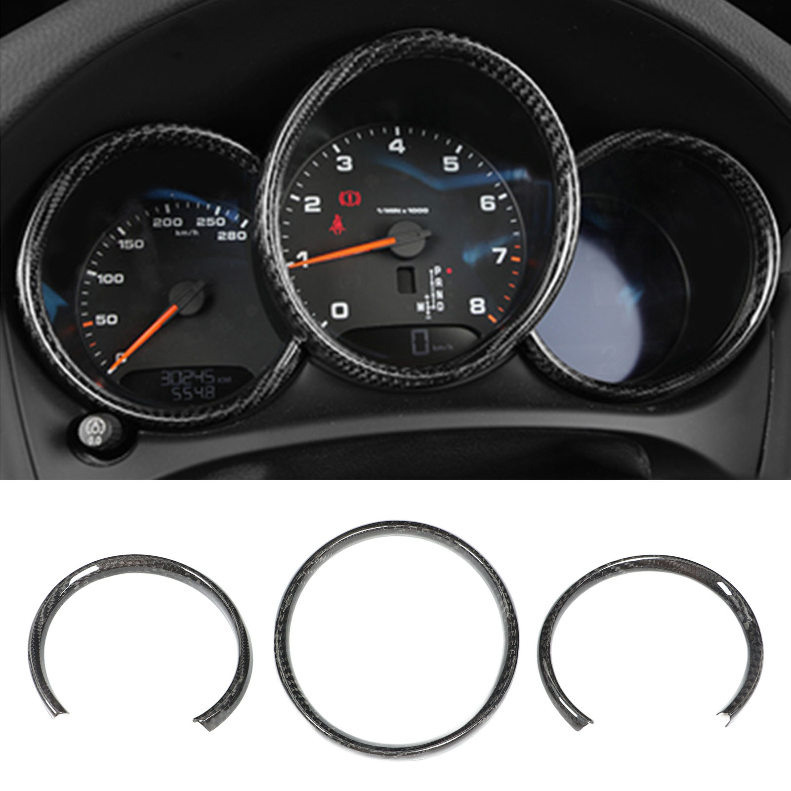 Ein Satz Aus Drei Zierteilen Aus Kohlefaser Für Das Armaturenbrett Und Den Drehzahlmesser Des Porsche 718.
