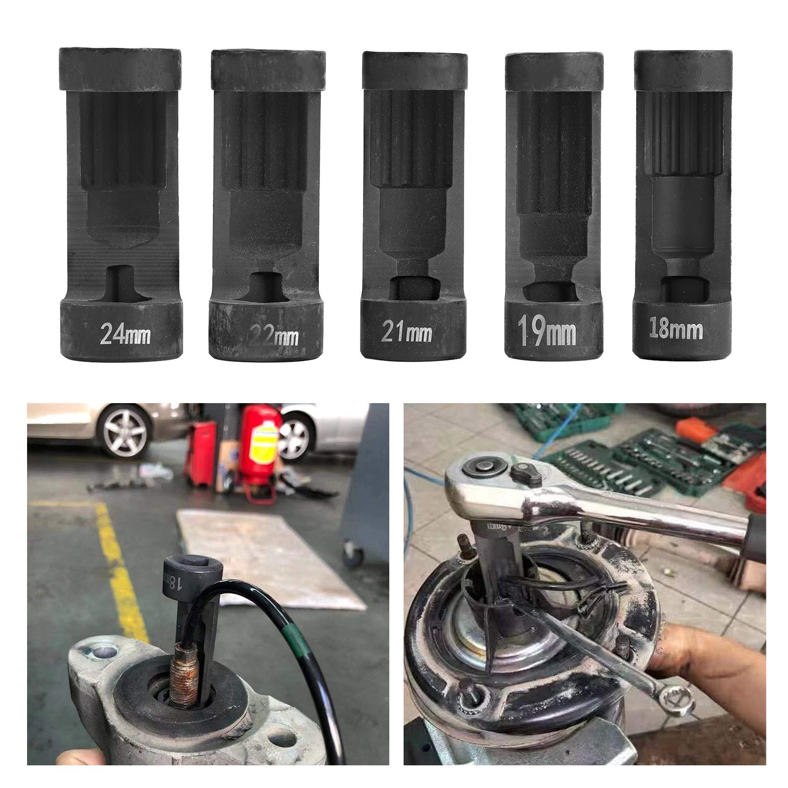 Satz Mit 5 Stoßdämpfer-ausbau-steckschlüsseln (18 Mm, 19 Mm, 21 Mm, 22 Mm, 24 Mm) Zur Verwendung Mit Innensechskantschlüsseln 6496. 12-kant-steckschlüssel, 1/2"-antrieb.