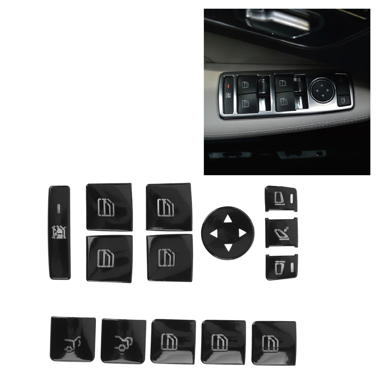 Set Mit 14 Glänzend Schwarzen Dekoraufklebern Für Die Fensterheberknöpfe Von Mercedes-benz Cla/gla/glk/gle/cls/gl/ml/a/b/e (oc13489)