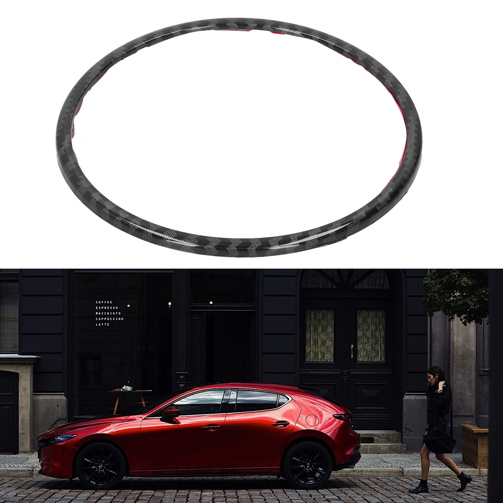 Glänzende Dekoraufkleber Und -ringe Für Autolenkräder, Kompatibel Mit Mazda 3/axela 2020, Glänzend Schwarze Kohlefaseroptik.
