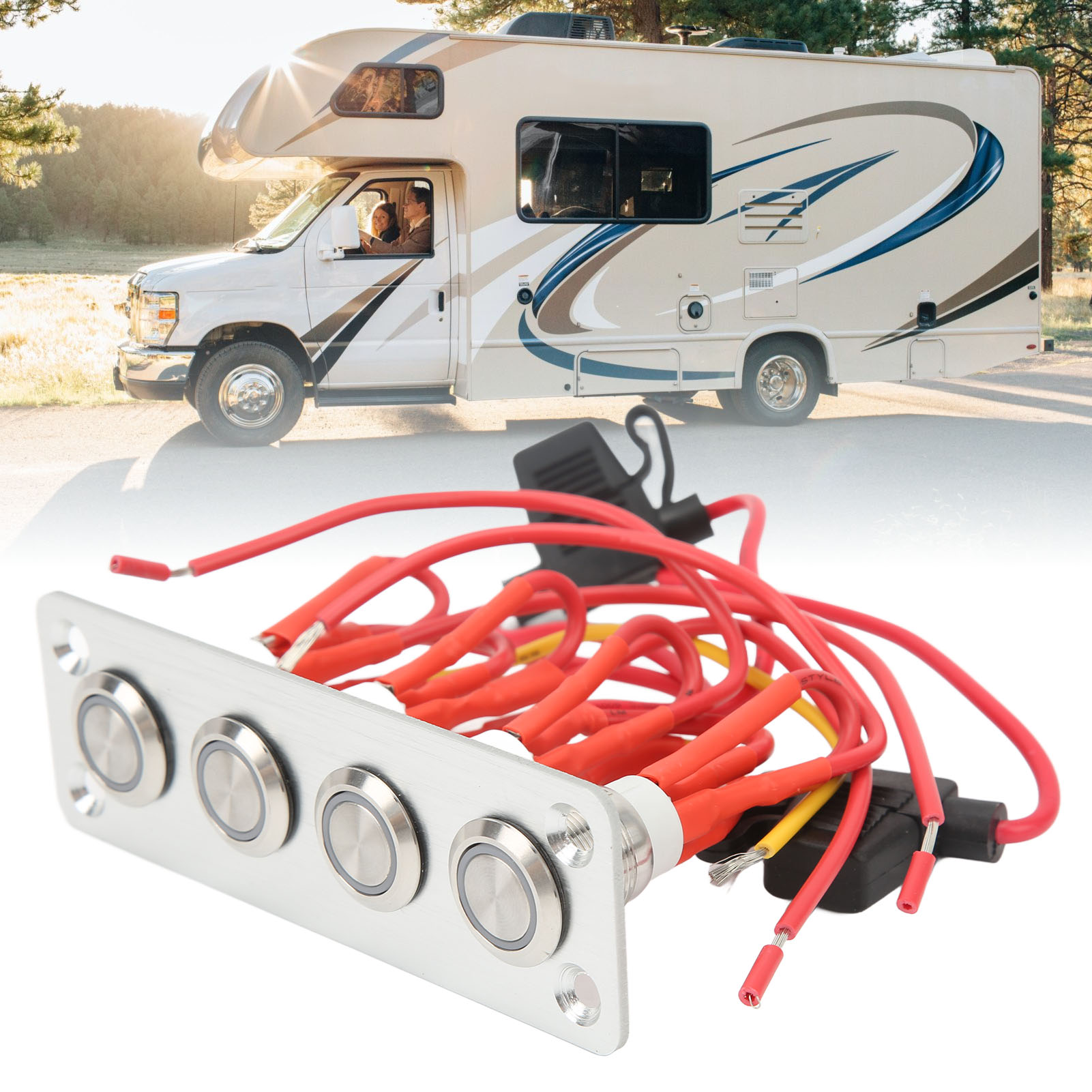 Selbstverriegelnder 4-positionen-drucktaster Aus Edelstahl Mit Blauer Kontrollleuchte Und Gebürsteter Aluminiumplatte Kabel Und Aufkleber Im Lieferumfang Enthalten. 12 V Dc, 16 A. Geeignet Für Wohnmob