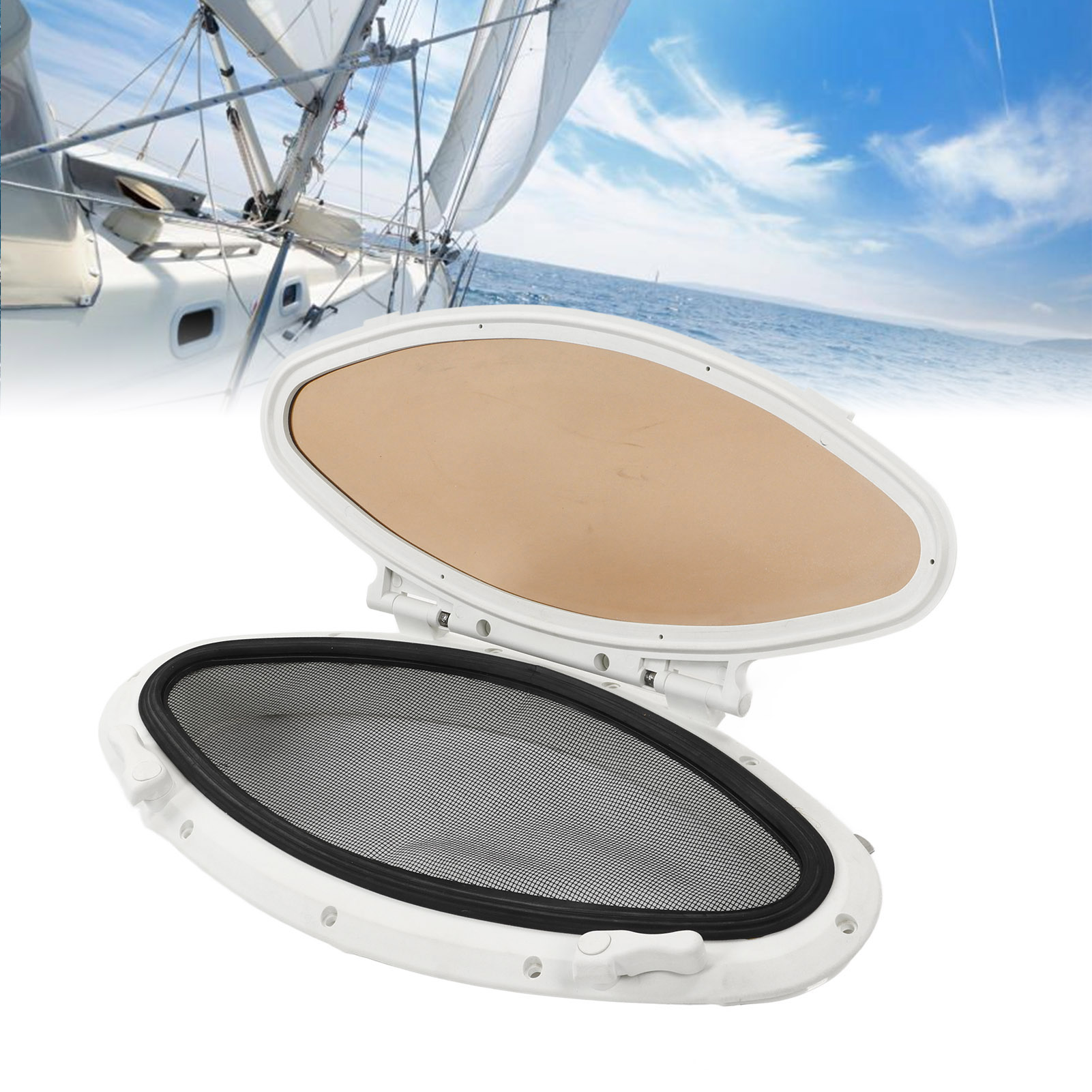 Yachtzubehör: Ovales Bullauge Mit Nach Innen Öffnender Öffnung 470 X 210 Mm Mit Kunststoffrahmen, Uv-beständig, Wasserdicht Und Wasserfest, Mit Moskitonetz Und Bediengriff, Geeignet Für Yachten Und An
