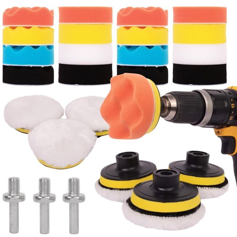 25-teiliges Autopolierset – 16 Schwammpads – 3 M10-adapter – 3 Saugnäpfe – 3 Wollpads – Variable Glättung