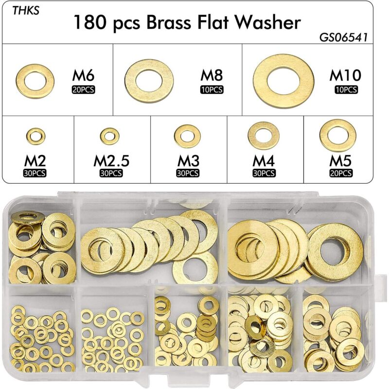 Packung Mit 180 Messing-flachscheiben M2, M2,5, M3, M4, M5, M6, M8, M10 – Korrosionsbeständig – Inklusive Aufbewahrungsbox – 180 Stück