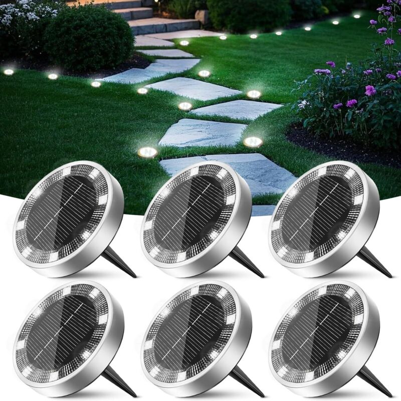 Solar-außenstrahler, 6er-pack, 8 Led-solar-bodenleuchten, Wasserdichte Solar-gartenleuchten Für Wege, Einfahrten, Rasenflächen, Terrassen, Höfe Und Pools [kaltweiß]