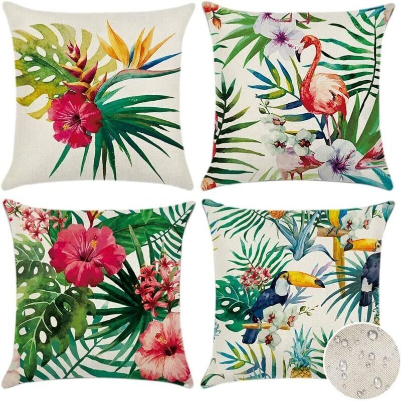 Wasserfester Kissenbezug 45x45 Cm – 4er-set Mit Tropischem Pflanzen- Und Vogelmuster – Für Terrasse, Garten, Wohnzimmer, Schlafzimmer