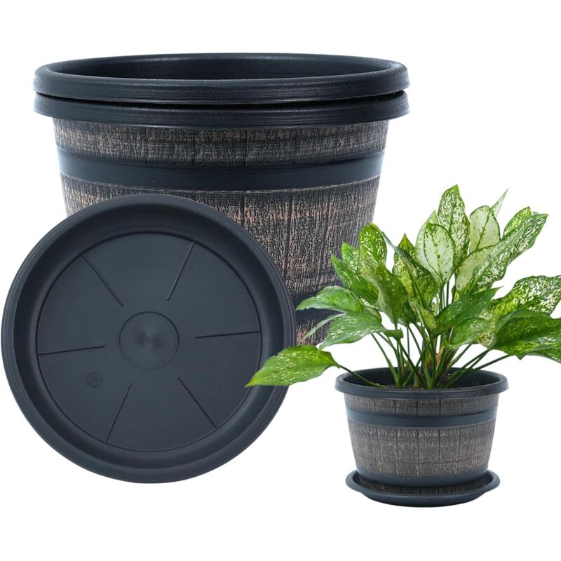 3er-set Zimmerpflanzentöpfe Mit Drainagesystem Und Untersetzer, 25 Cm Großer Blumentopf Im Whiskyfass-design Aus Kunststoff Für Den Garten