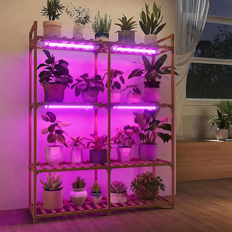 Pflanzenständer Mit Pflanzenlampen – 4-stufiges Holzregal Für Zimmerblumen – Für Terrasse, Wohnzimmer, Balkon