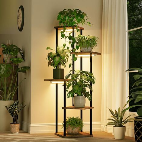 Pflanzenständer Mit Pflanzenlampe – 5-stufiges Braunes Metallregal – Für Zimmer- Und Gartenpflanzen – Skandinavisches Design