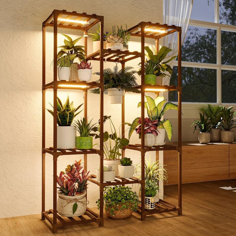 Pflanzenständer Mit Led-beleuchtung, 8-stufiges Anzuchtregal Aus Holz, Modernes Gartenmöbel Für Wohnzimmer Und Balkon