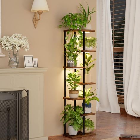 Zimmerpflanzenständer Mit Lampe – 7-stufiges Eckregal Aus Holz Und Metall – Dekorative Beleuchtung Für Wohnzimmer Und Balkon – Maße: 40 X 24 X 138 Cm