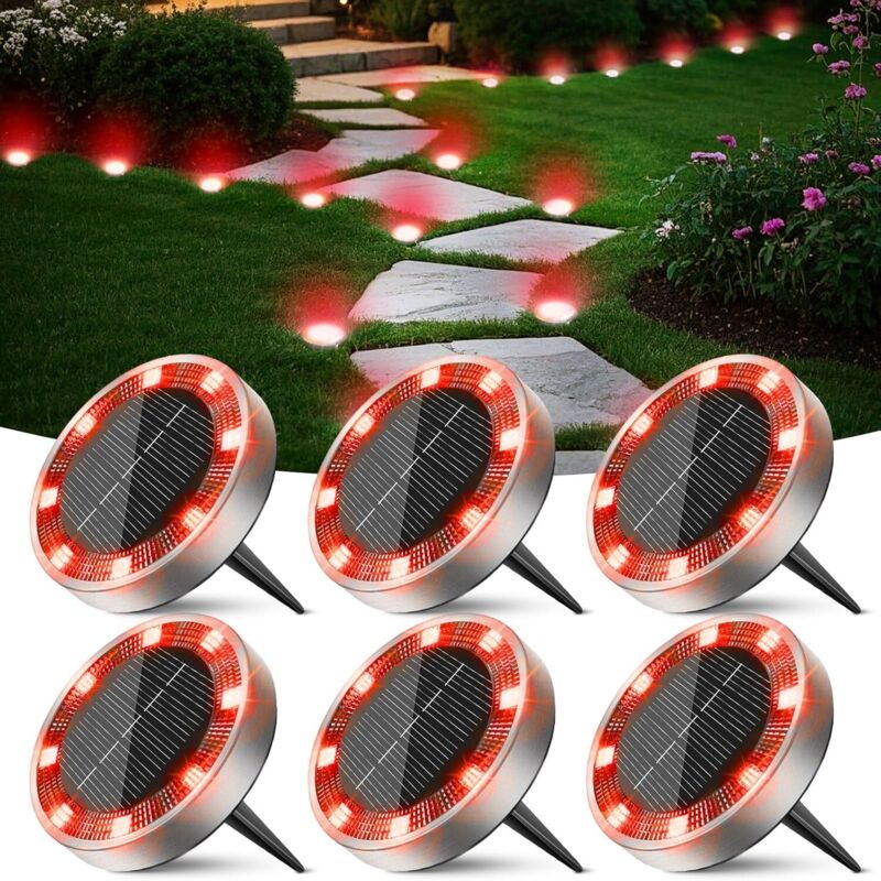 Solar-bodenleuchten, 6er-set, Solar-gartenleuchten Mit 8 Leds, Wasserdichte Solar-strahler Für Wege, Einfahrten, Rasenflächen, Terrassen Und Gärten, Rot