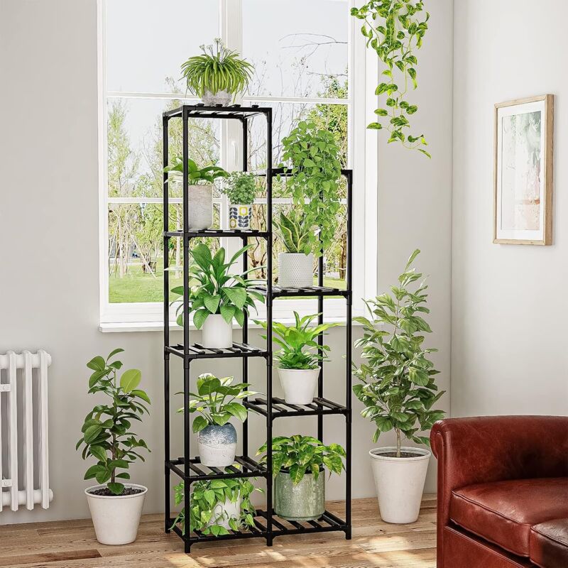 Hohes Eck-pflanzenregal, Für Den Außenbereich, Innenbereich, Wohnzimmer, Balkon Und Garten, Schwarz (9 Rechteckige Töpfe)