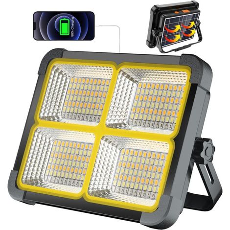 Wiederaufladbarer 100-w-led-fluter, Wiederaufladbarer Baustellenfluter Mit 336 Leds/solarpanel/4 Beleuchtungsmodi/12000-mah-externer Batterie/