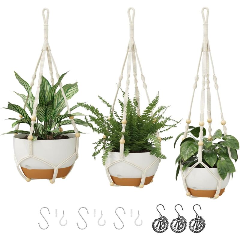 3er-set Makramee-pflanzenampeln Für Zimmerpflanzen Mit Kette, Selbstbewässernden Hängeblumentöpfen Mit Abflusslöchern Und Abnehmbarem Untersetzer, Weiß (29,9 Cm) – Ideale Stütze Für