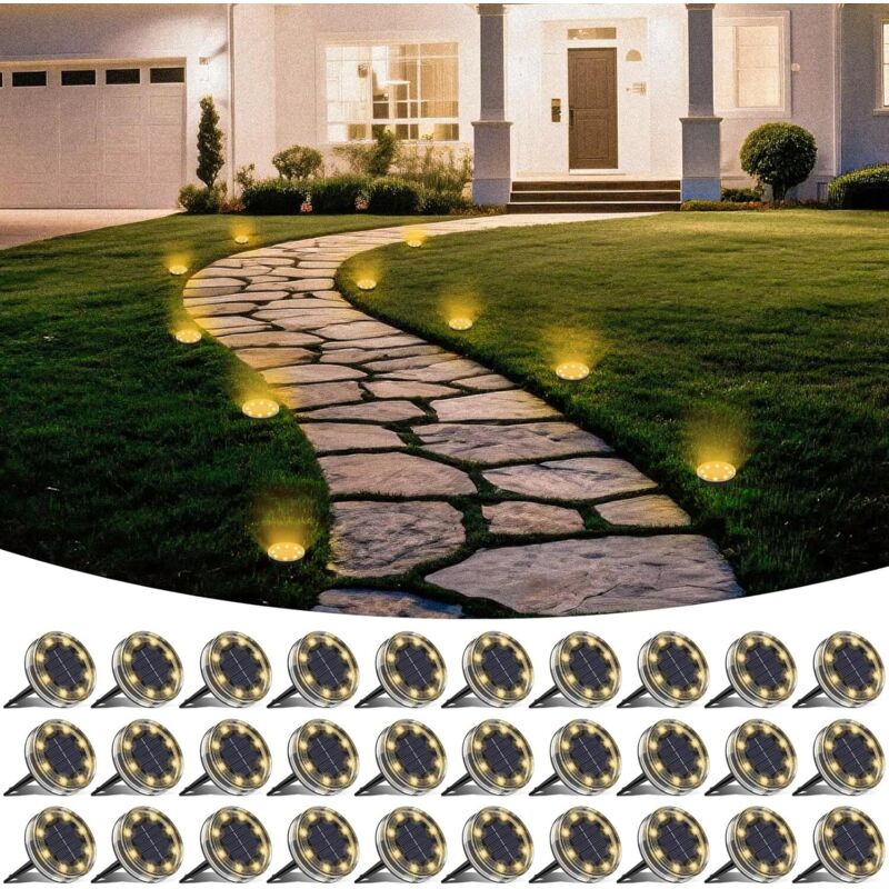 30er-set Solar-bodenleuchten, 8 Led-solar-gartenleuchten Für Den Außenbereich, Ip68 Wasserdicht, Solar-strahler Für Wege, Rasenflächen, Terrassen, Einfahrten, Höfe, Pools Und Gehwege, Kaltweiß