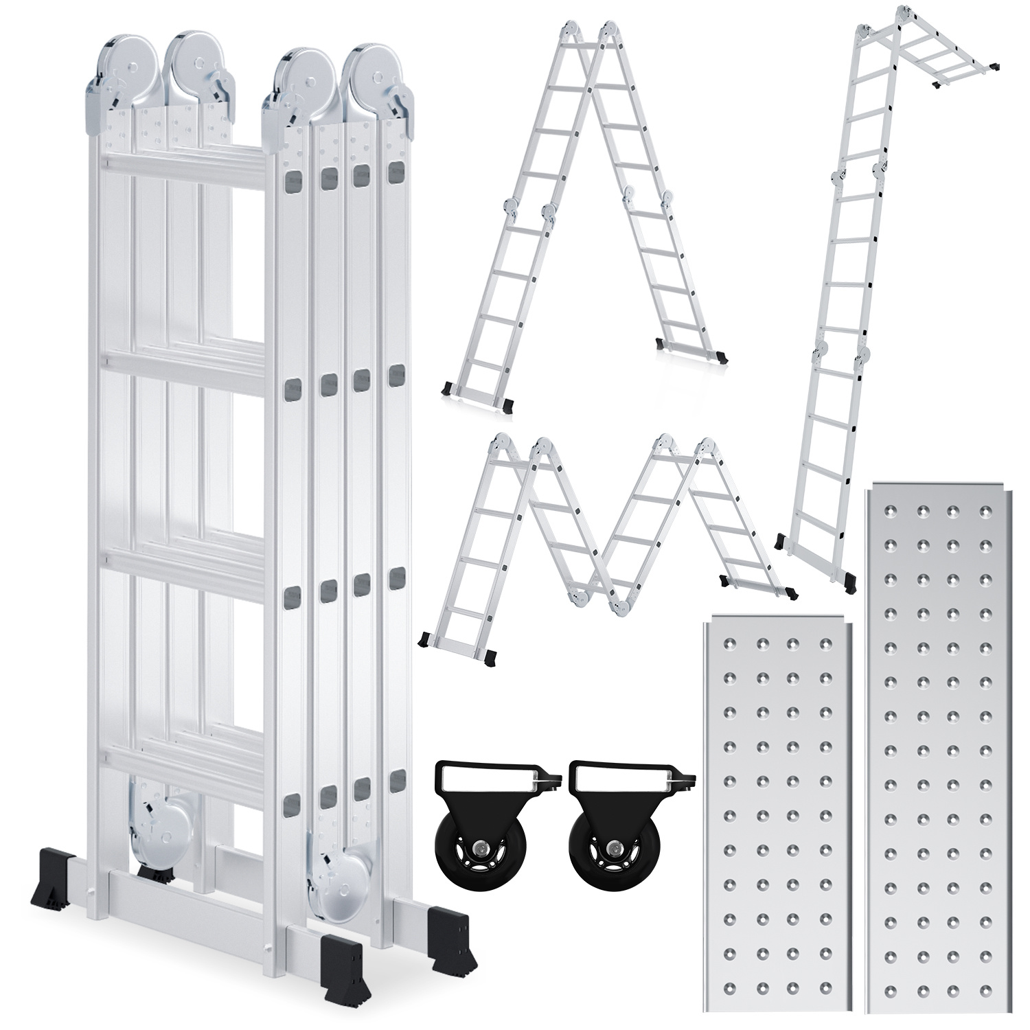Wolketon Mehrzweckleiter 7in1 Aluminium 4x4 Stufen, Ca. 470cm / 4.7m, Gelenkleiter Klappleiter Mit 2 Plattformen + 2 Rollen, Max. Belastbarkeit 150 Kg