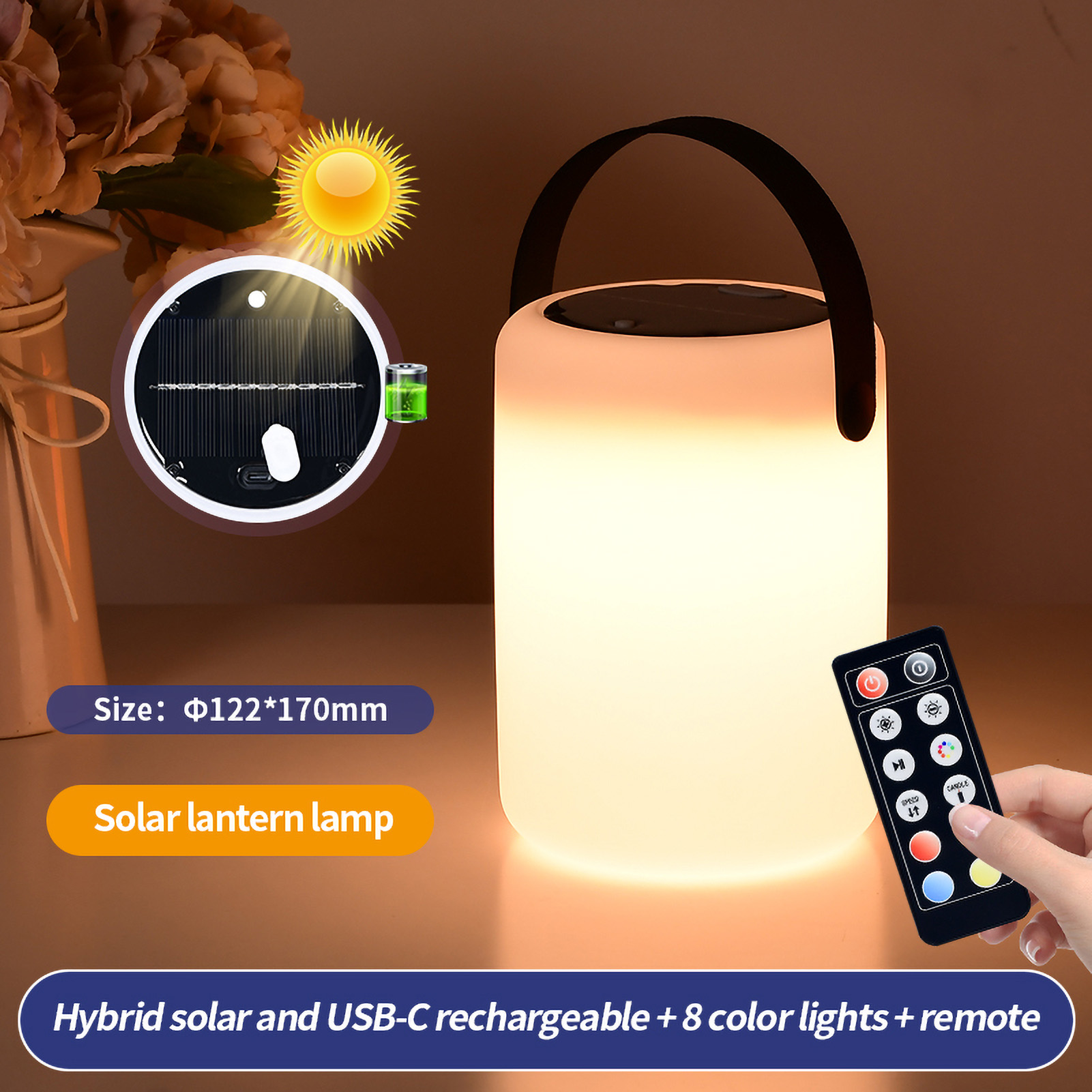 Tragbare Zylindrische Solar-außenlampe, Stimmungsvolles Nachtlicht Für Camping, Garten Und Rasen, Usb-c-aufladung, Fernbedienung