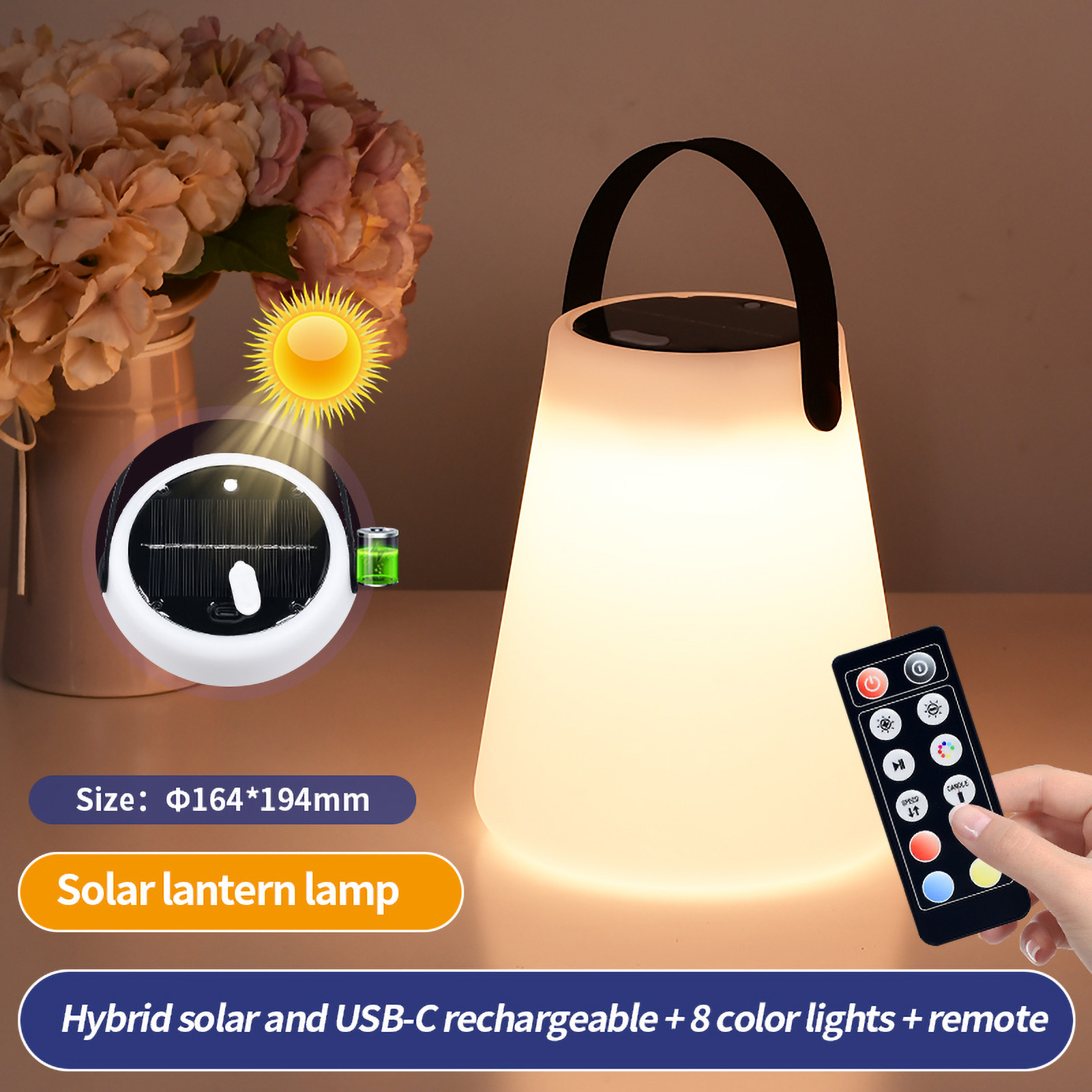 Ip44 Wasserdichte Solar-campinglaterne, Led-hängeleuchte Für Zelte, 8 Lichtfarben, Ideal Für Garten, Rasen Und Hof. Usb-c-aufladbar Mit Fernbedienung.