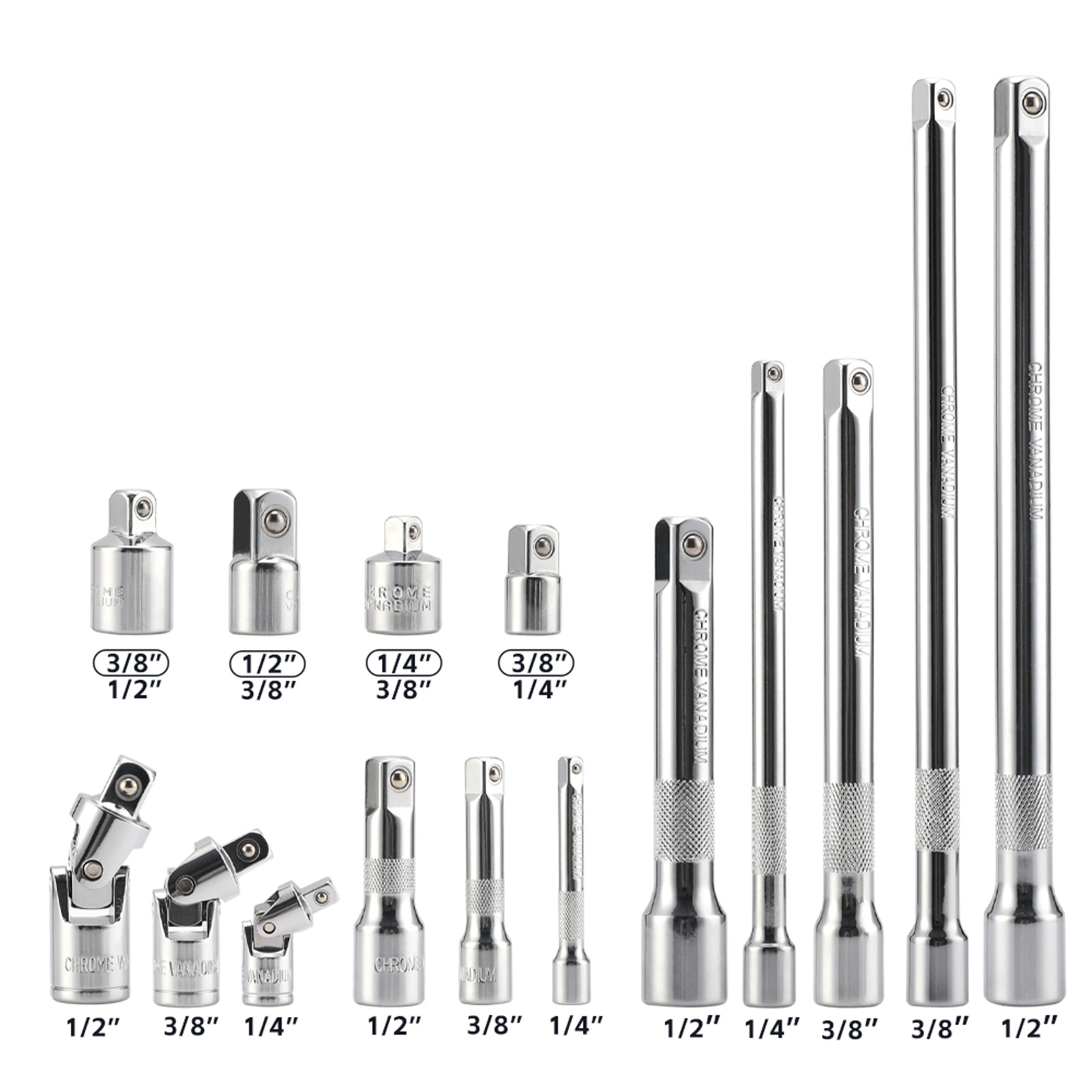 15-teiliges Steckschlüssel-zubehörset, Steckschlüssel Aus Chrom-vanadium-stahl, 1/4", 3/8" Und 1/2" Antrieb, Inklusive Steckschlüsseladapter, Verlängerungen Und Kardangelenke