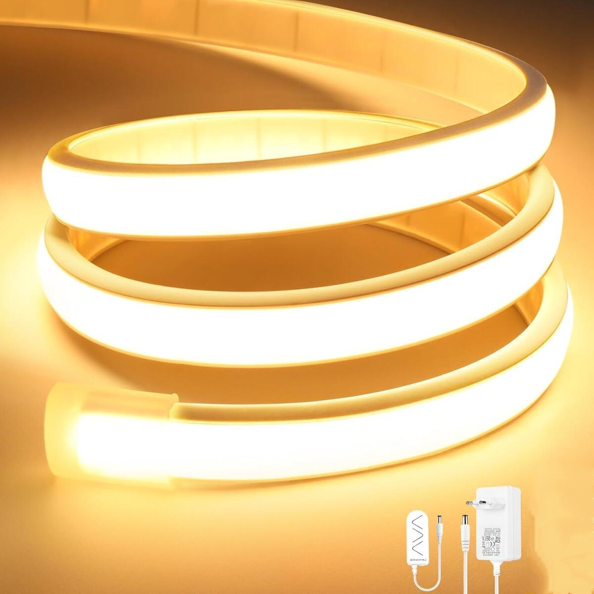 10 M Warmweißer Cob-led-streifen, 3000 K, 10 Mm Breite, Dimmbar, Silikon, Kürzbar, Ip65 Wasserdicht, Flexibel, 24 V Neonstreifen Für Heimdekoration, Küche, Schlafzimmer [energieklasse C]
