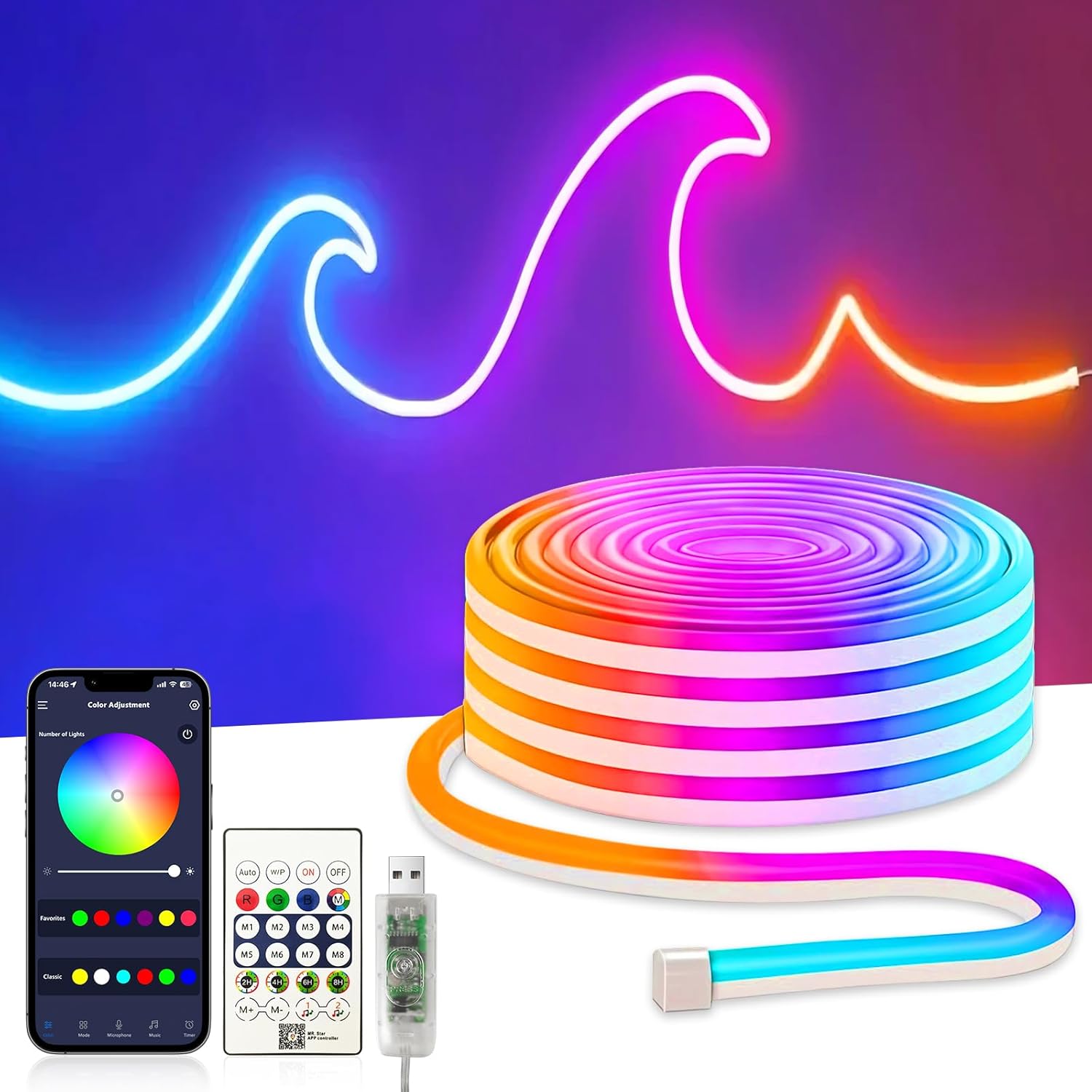 Neon-led-streifen 5 M, Rgbic-led-streifen, Smart-app-steuerung, Flexibel, Wasserdicht, Zuschneidbar, Musiksynchronisation, Diy-led-beleuchtung Für Schlafzimmer, Küche, Party, Wohnzimmer [energieklasse