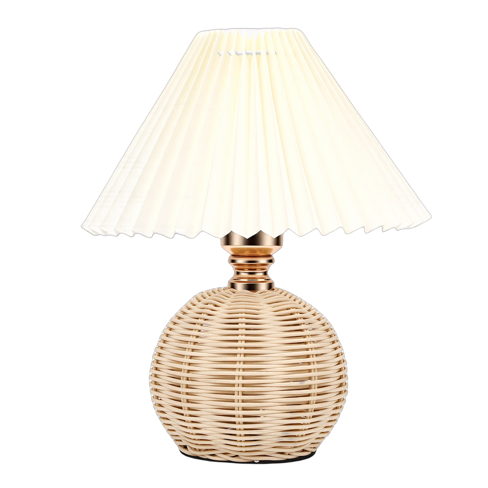 Plissierte Tischlampe, Sanftes Gelbes Licht, Lampenschirm Aus Leinen, Gestell Aus Rattan, Beige Nachttischlampe Fürs Schlafzimmer